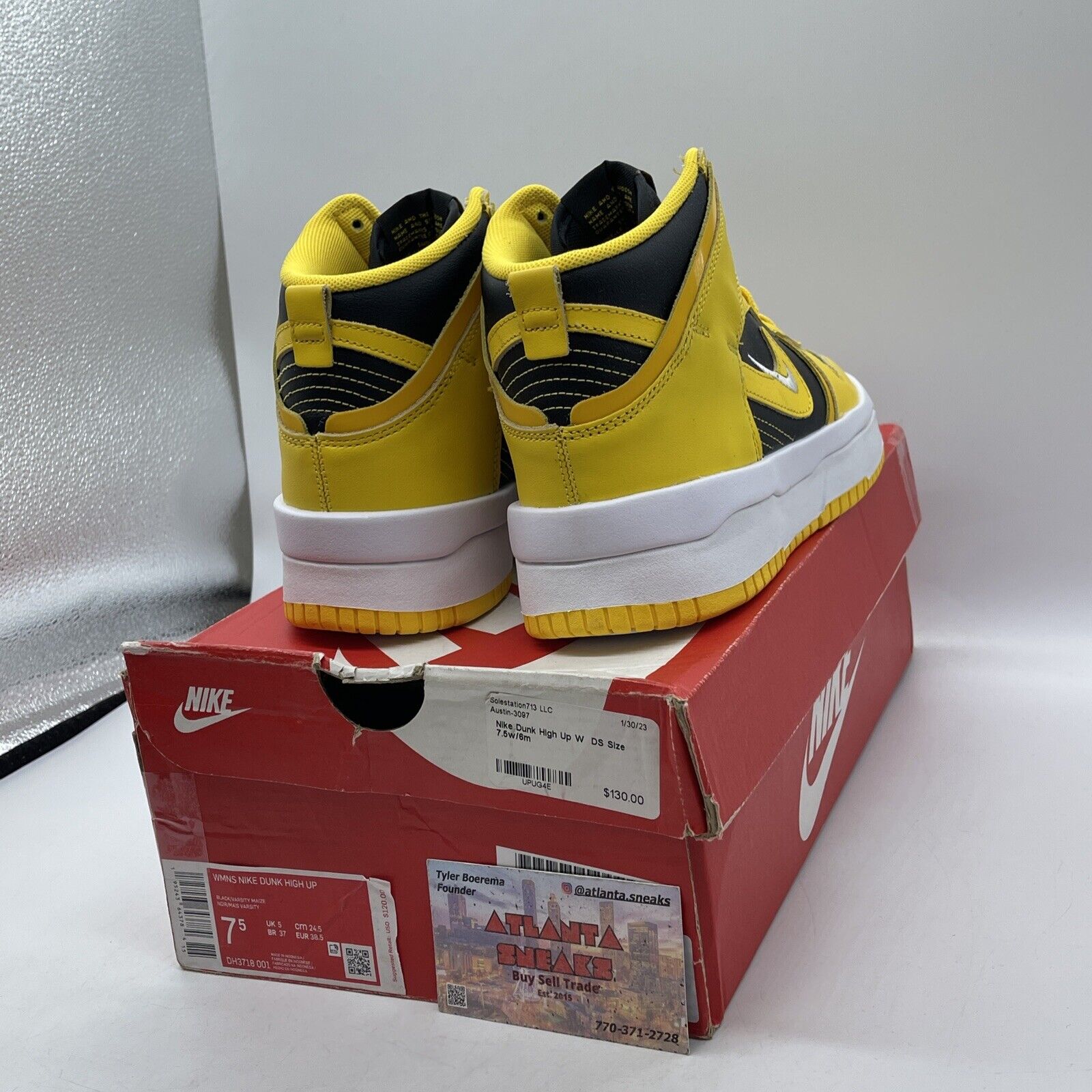 Size 7.5W - Dunk High Up Varsity Maize Yellow Black White Leather (DH3718-001)