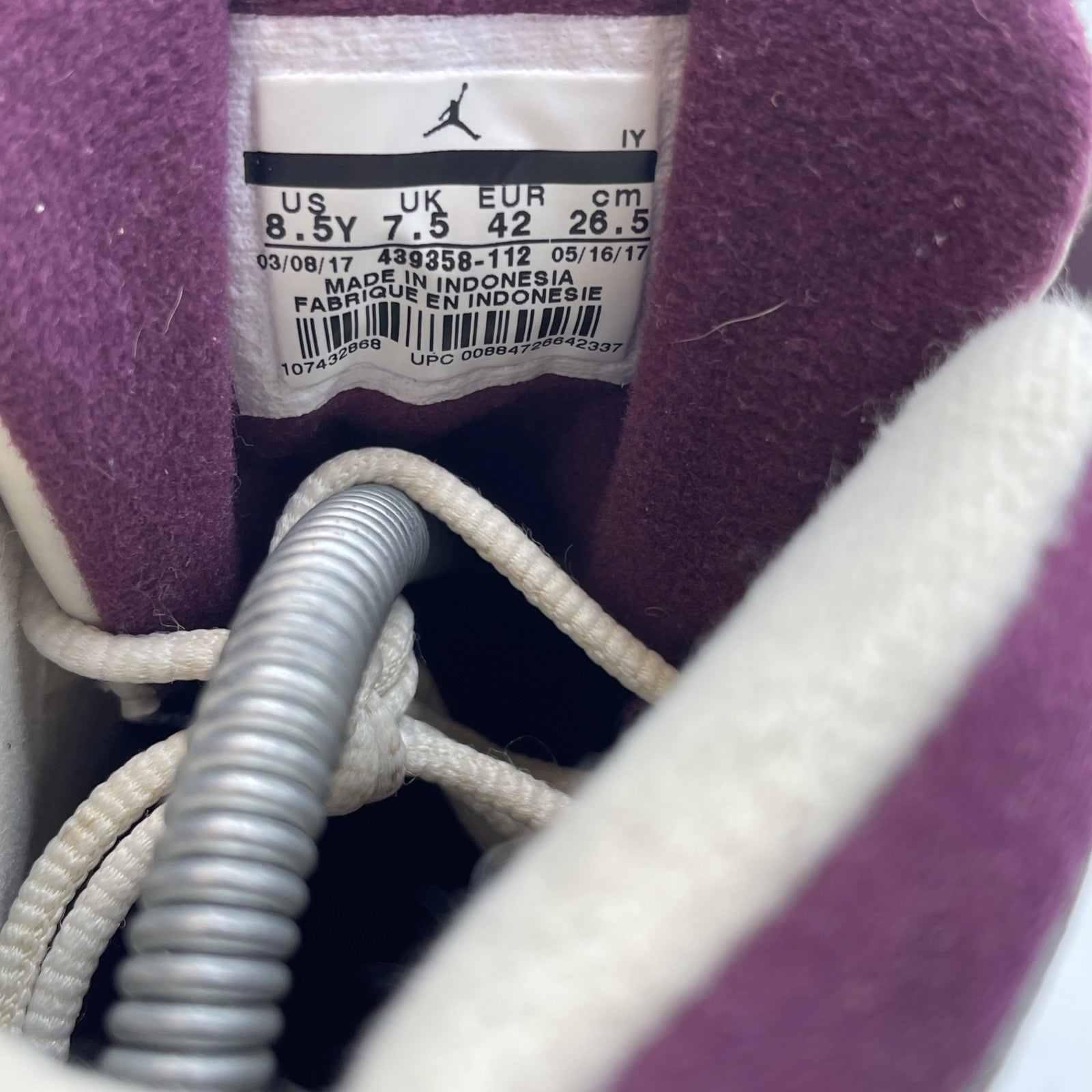 Size 8.5Y (GS) - Jordan 13 Retro Mid Bordeaux Purple Tan Suede (439358-112)