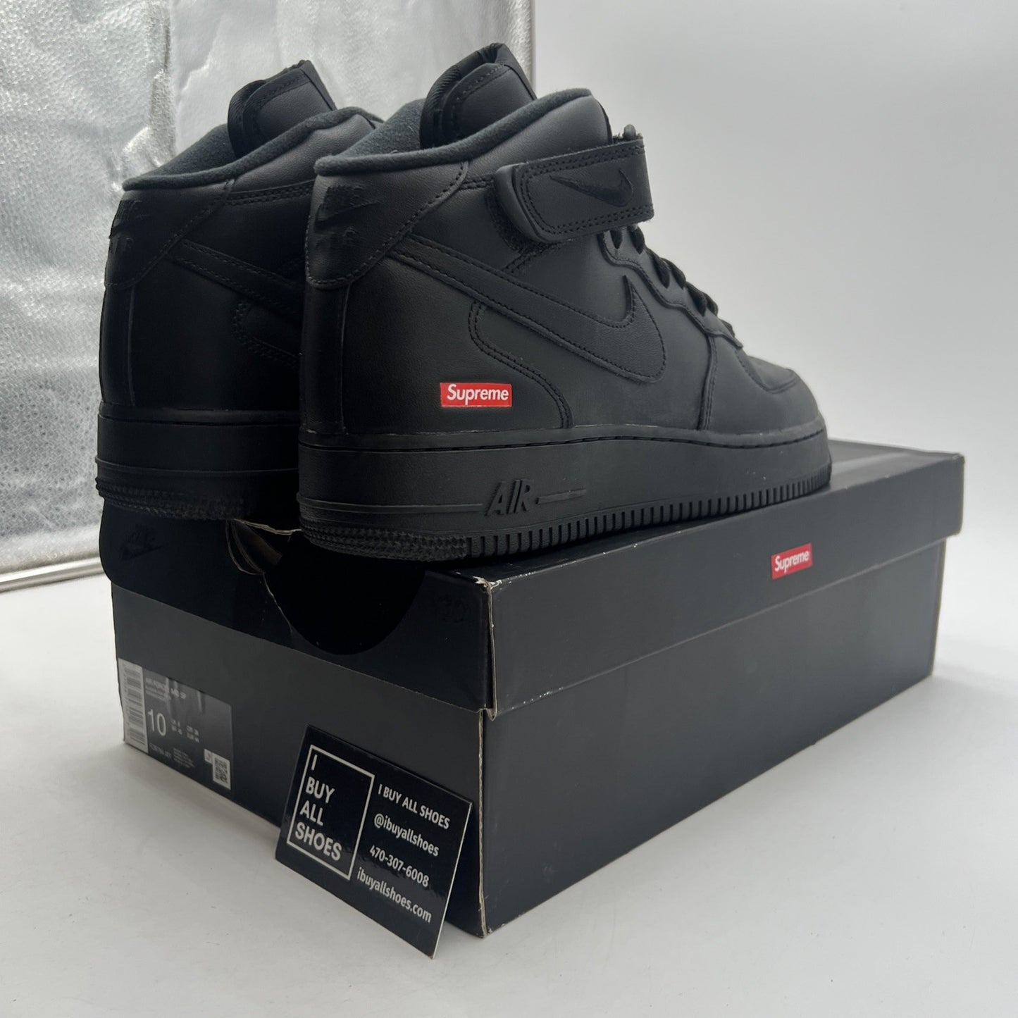 Size 10 - Nike Supreme x Air Force 1 Mid Box Logo - Triple Black (FZ8784-001)