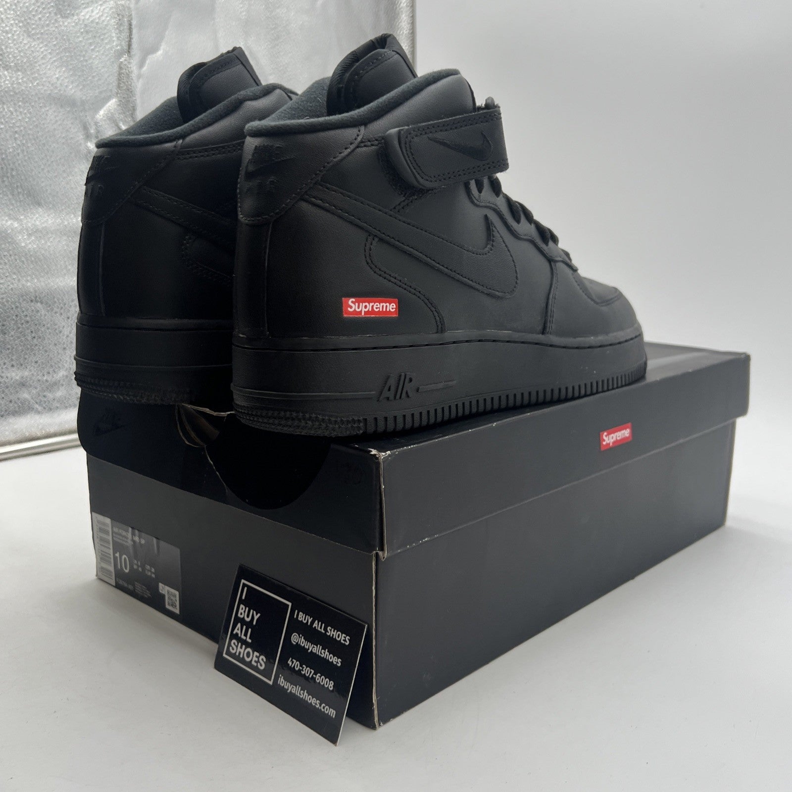 Size 10 - Nike Supreme x Air Force 1 Mid Box Logo - Triple Black (FZ8784-001)