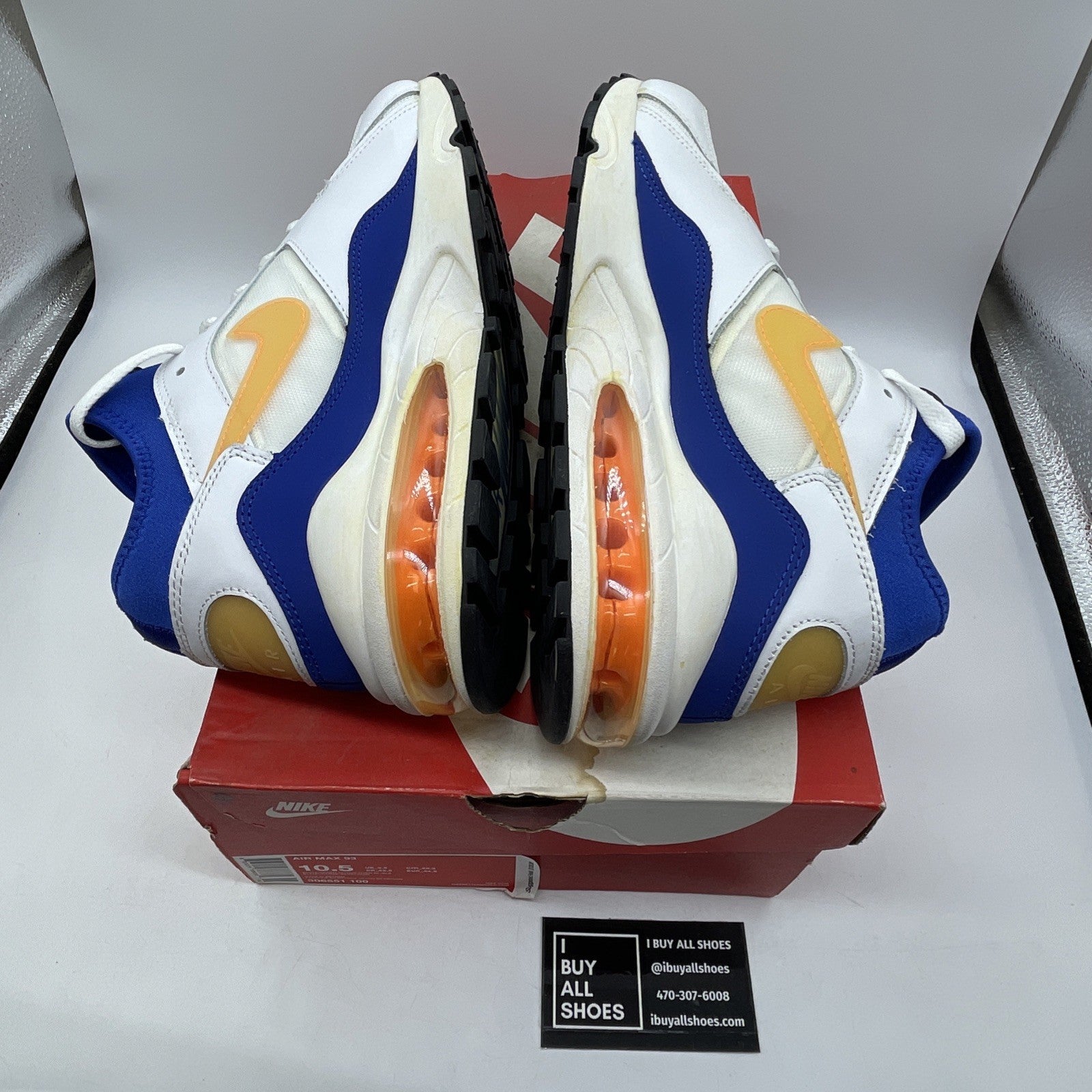 Size 10.5 - Nike Air Max 93 Bright Citrus White Blue Leather (306551-100)