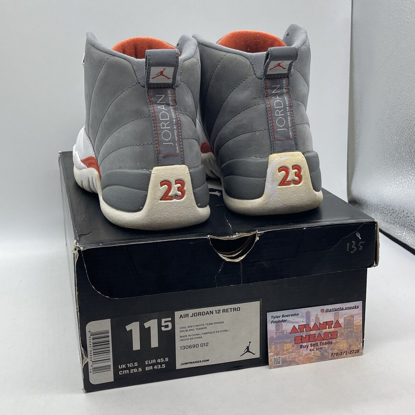 Size 11.5 - Air Jordan 12 Cool Grey Suede White Orange Leather (130690-012)