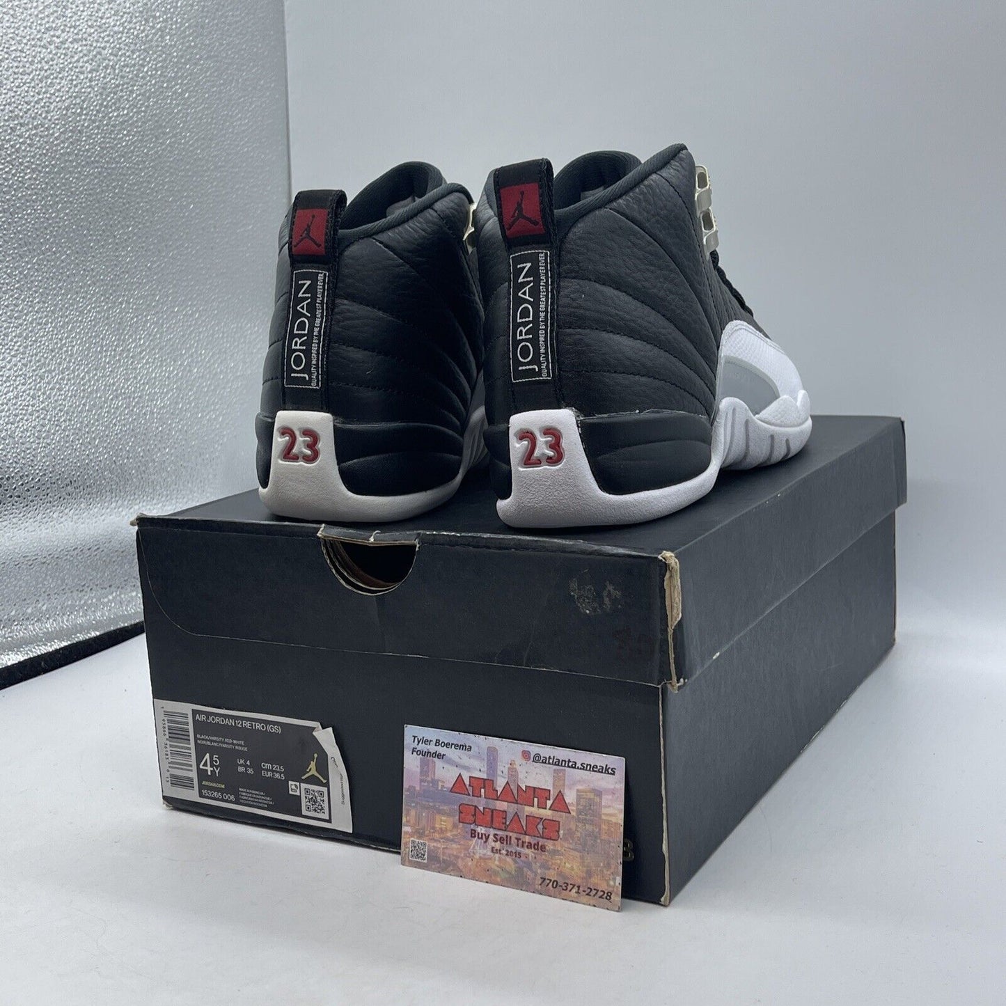 Size 4.5 - Jordan 12 Retro Mid Playoff Black White Gold Leather (153265-006)