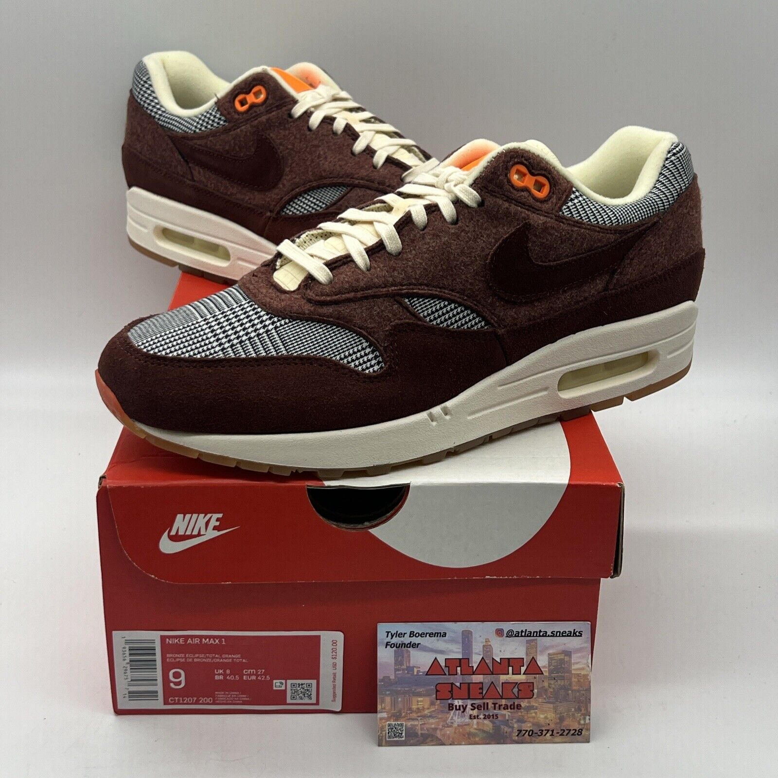 Size 9 - Nike Air Max 1 Houndstooth Brand New Og All Black Red White DS Leather