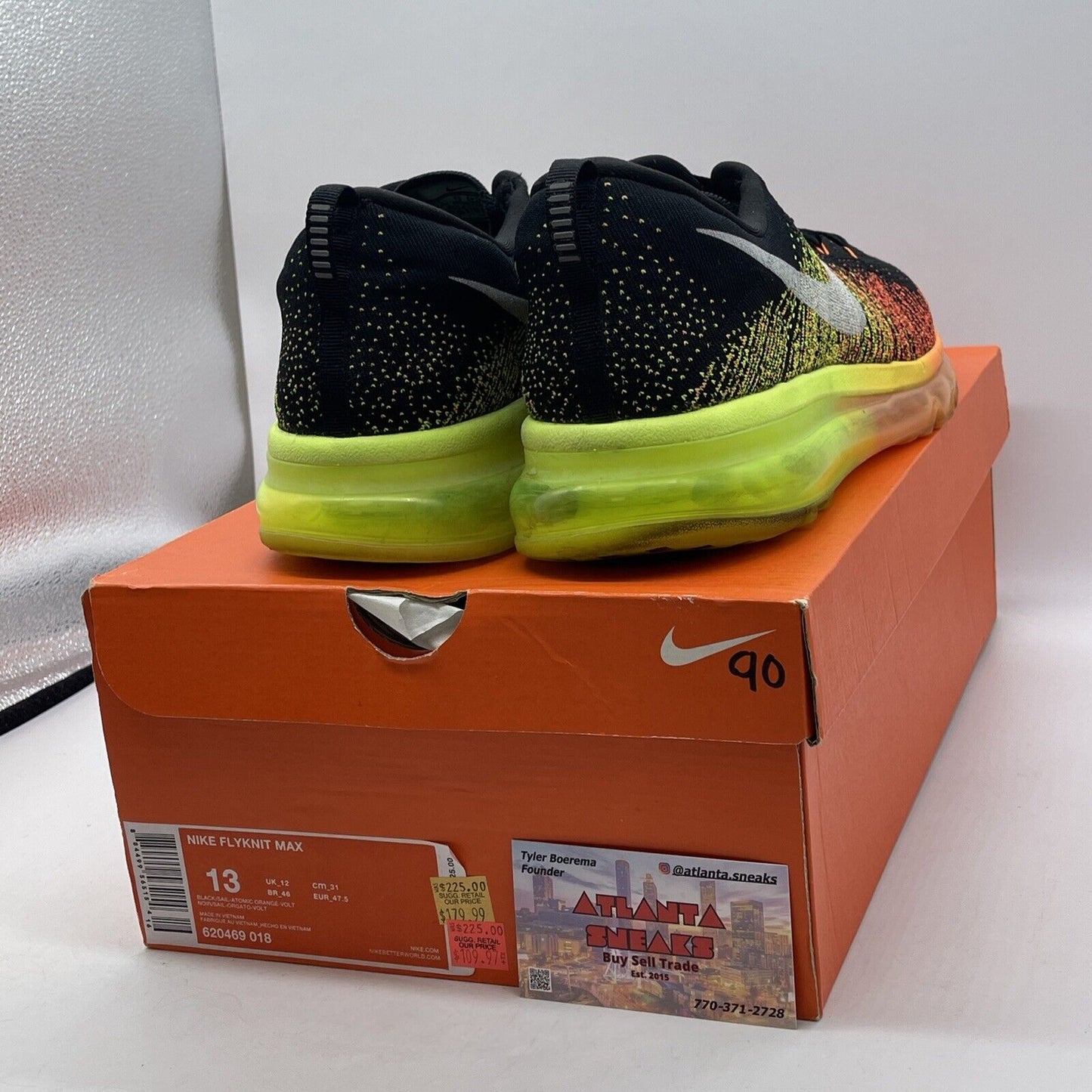 Size 13 - Nike Flyknit Max Black Orange White Neon Yellow Suede (620469-018)