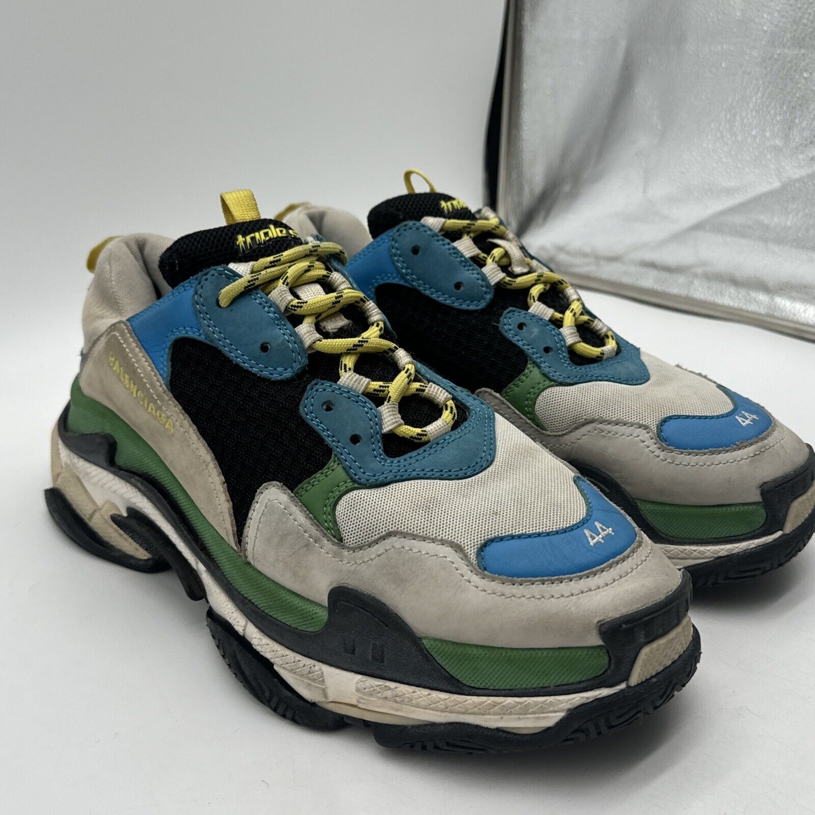 Size 11 - Balenciaga Triple S Light Gray Blue Green Sz 44 Yellow Nylon Suede