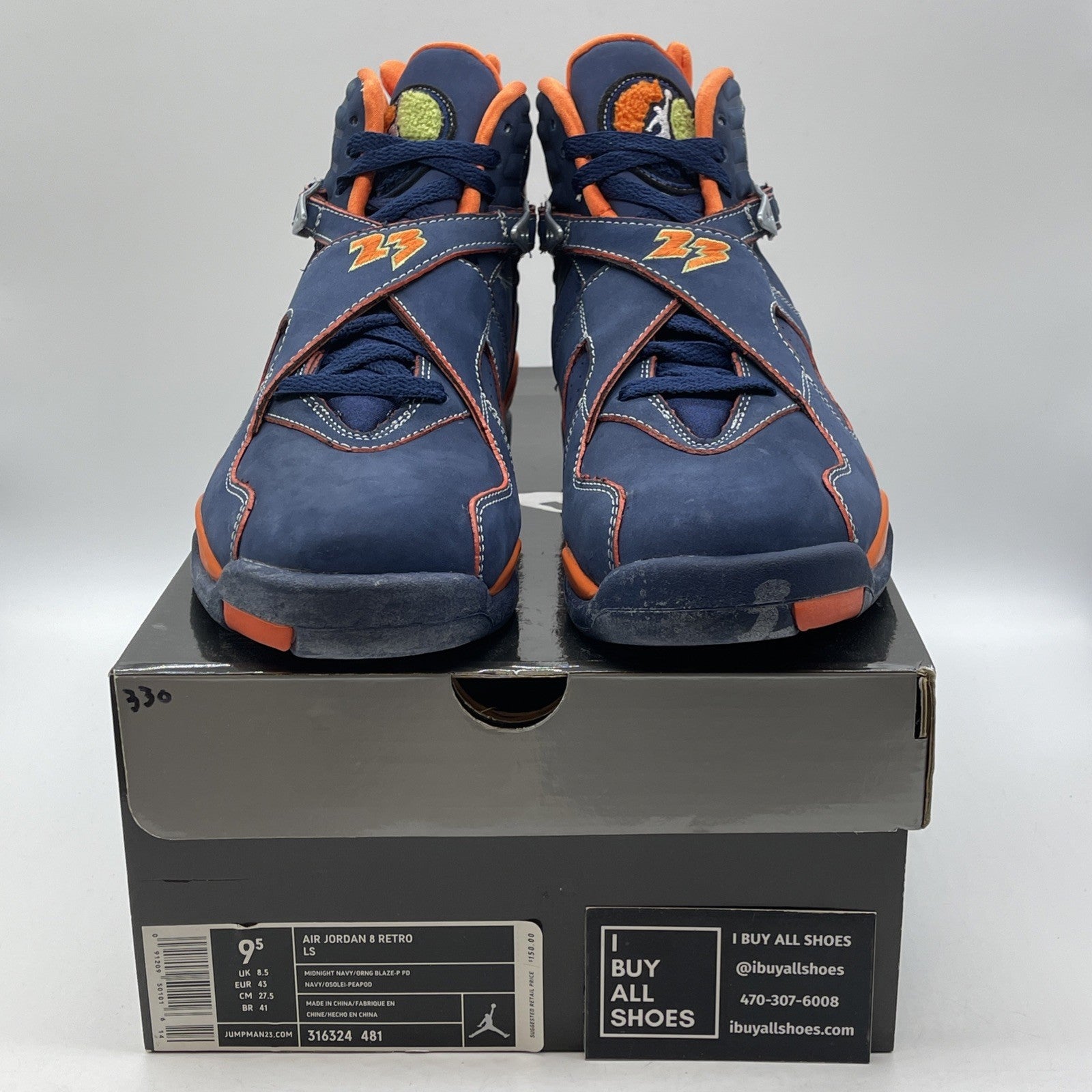 Size 9.5 - Air Jordan 8 Retro LS Pea Pods Blue Orange Suede (316324-481)