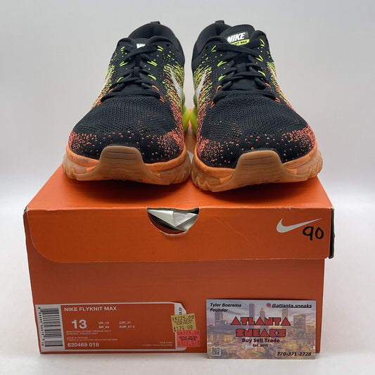 Size 13 - Nike Flyknit Max Black Orange White Neon Yellow Suede (620469-018)