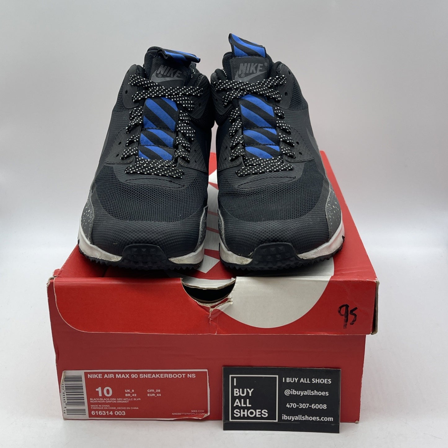 Size 10 - Nike Air Max 90 Sneakerboot NS Black Royal Metallic Silver -616314-003