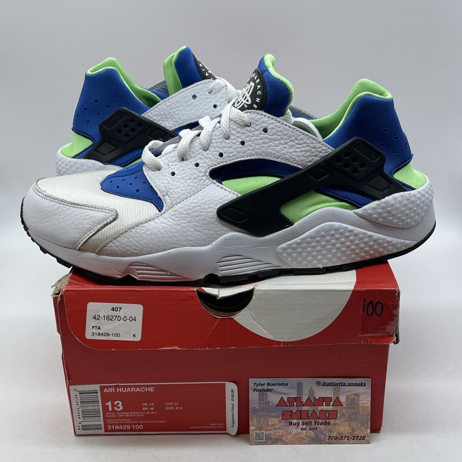 Size 13 - Nike Air Huarache Scream Green Blue White Black (318429-100)