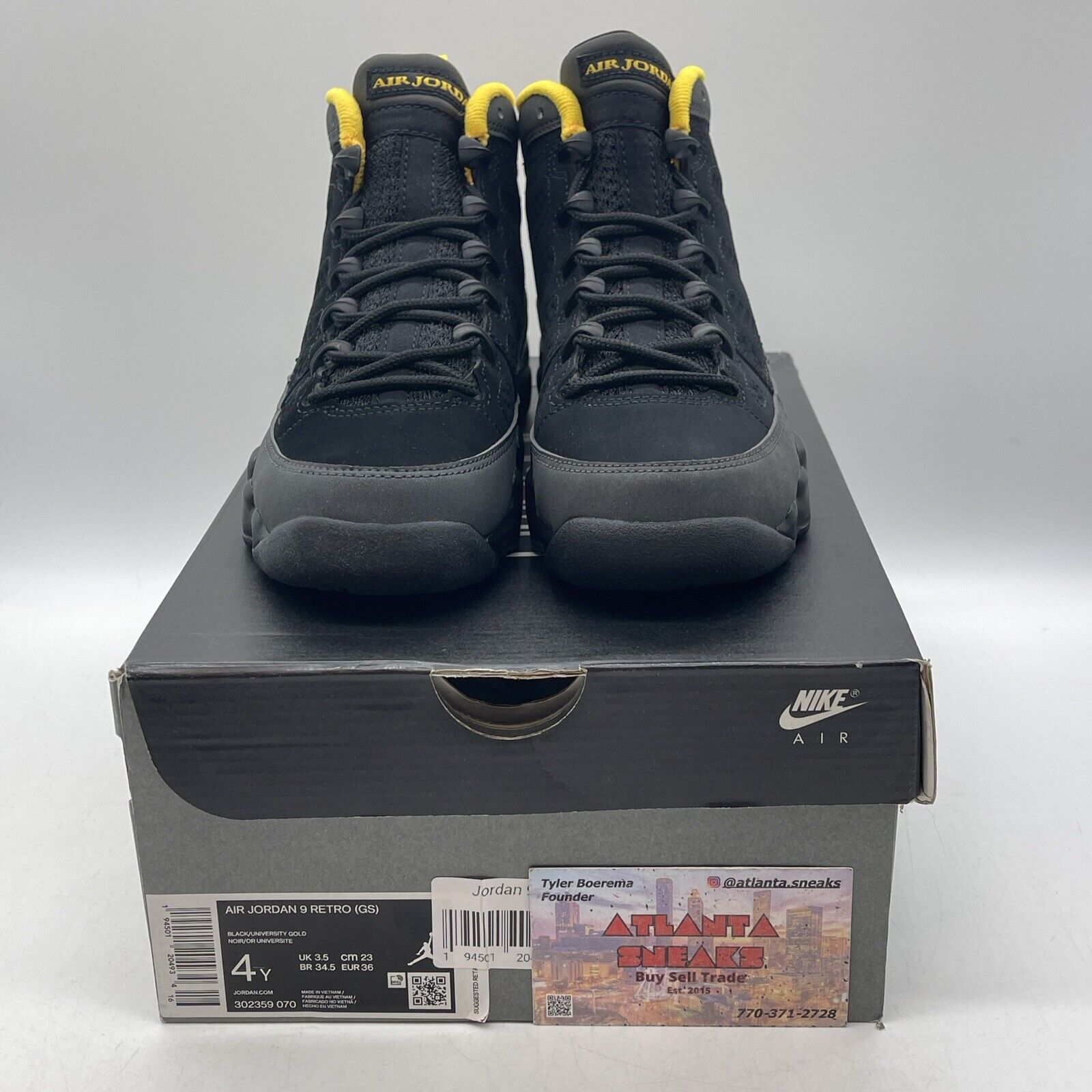 Size 4Y(GS) - Jordan 9 Retro Mid Dark Charcoal University Gold (302359-070)