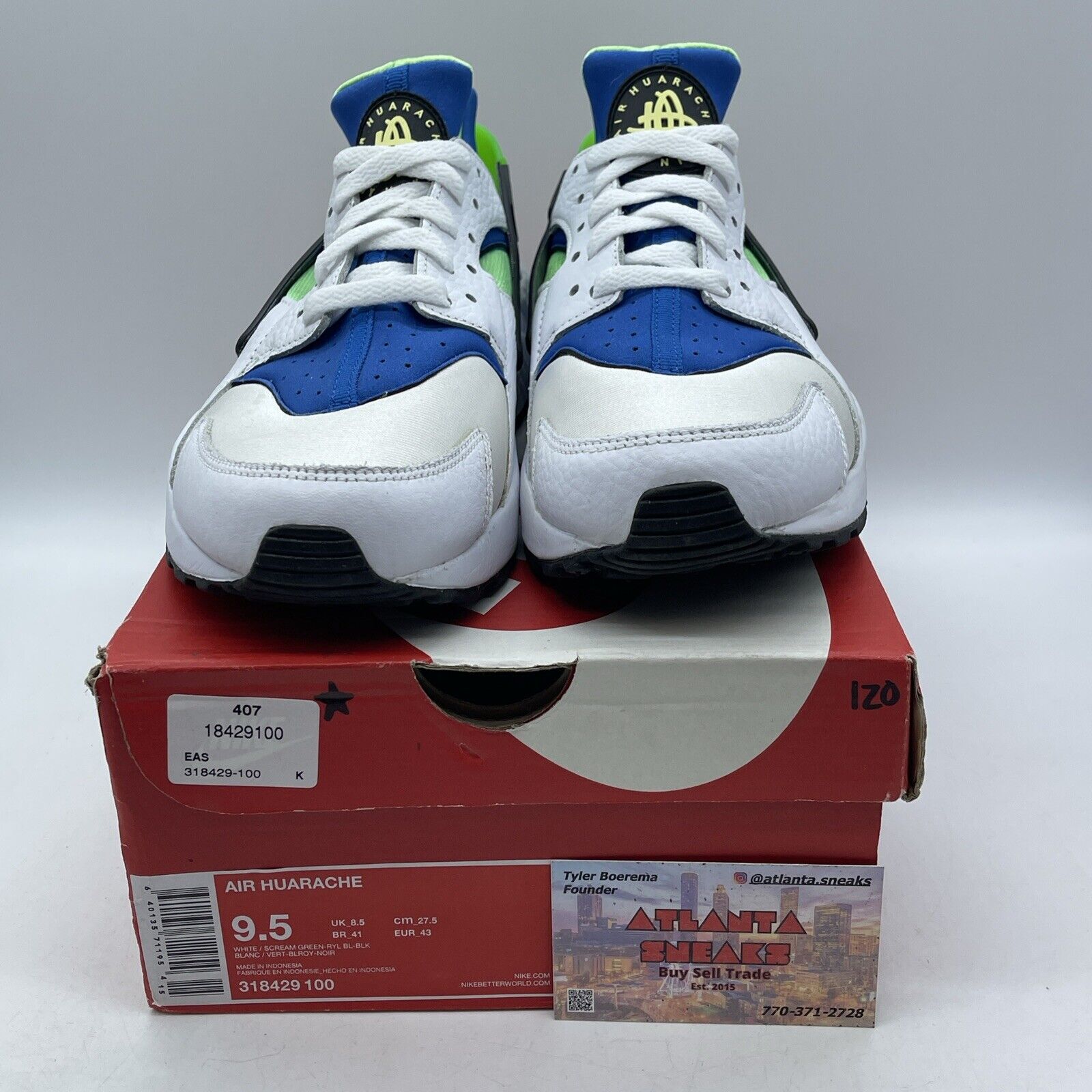 Size 9.5 - Nike Air Huarache Scream Green Blue White Suede Leather (318429-100)