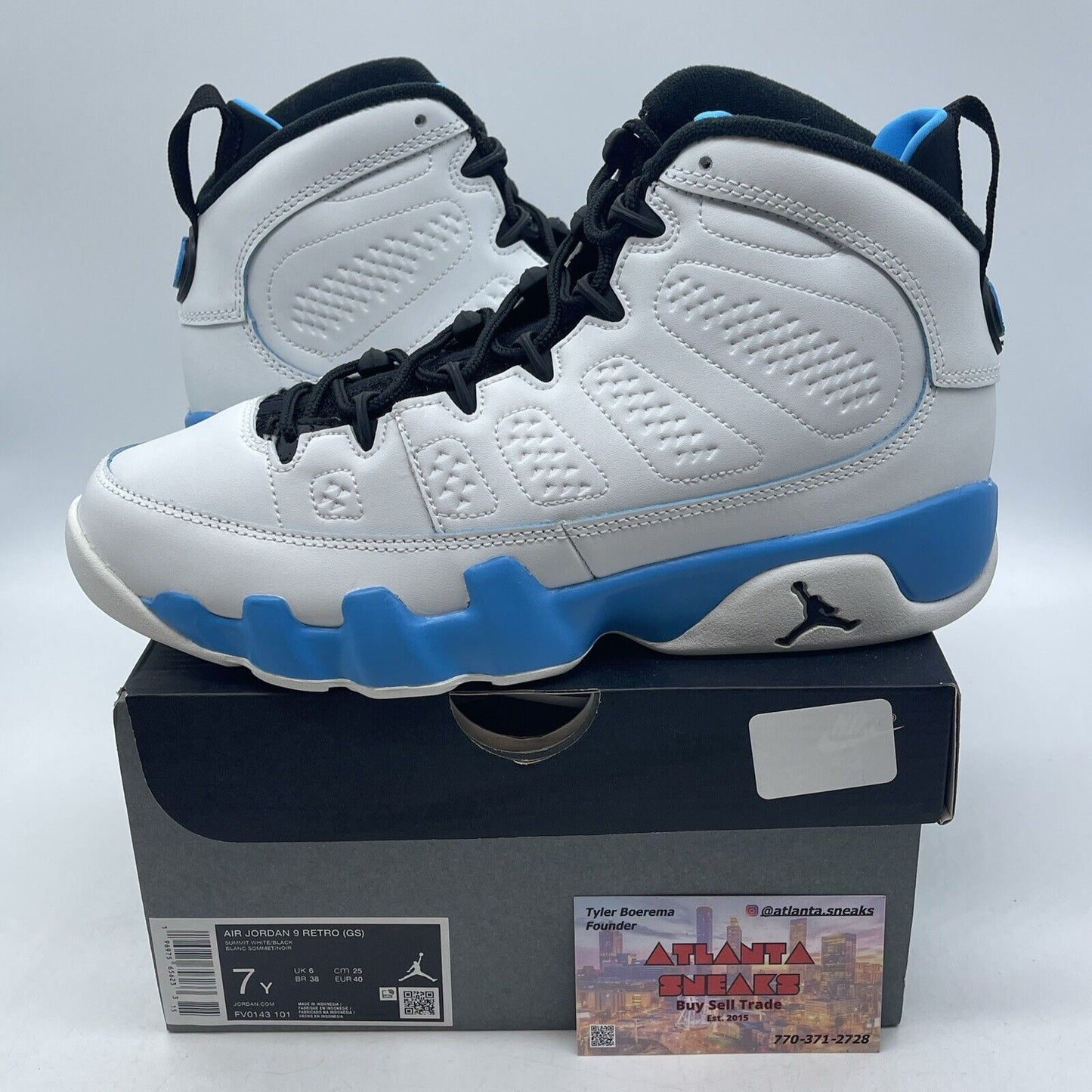 Size 7Y - Air Jordan 9 Retro 2024 Powder Blue White Black Leather (FV0143-101)