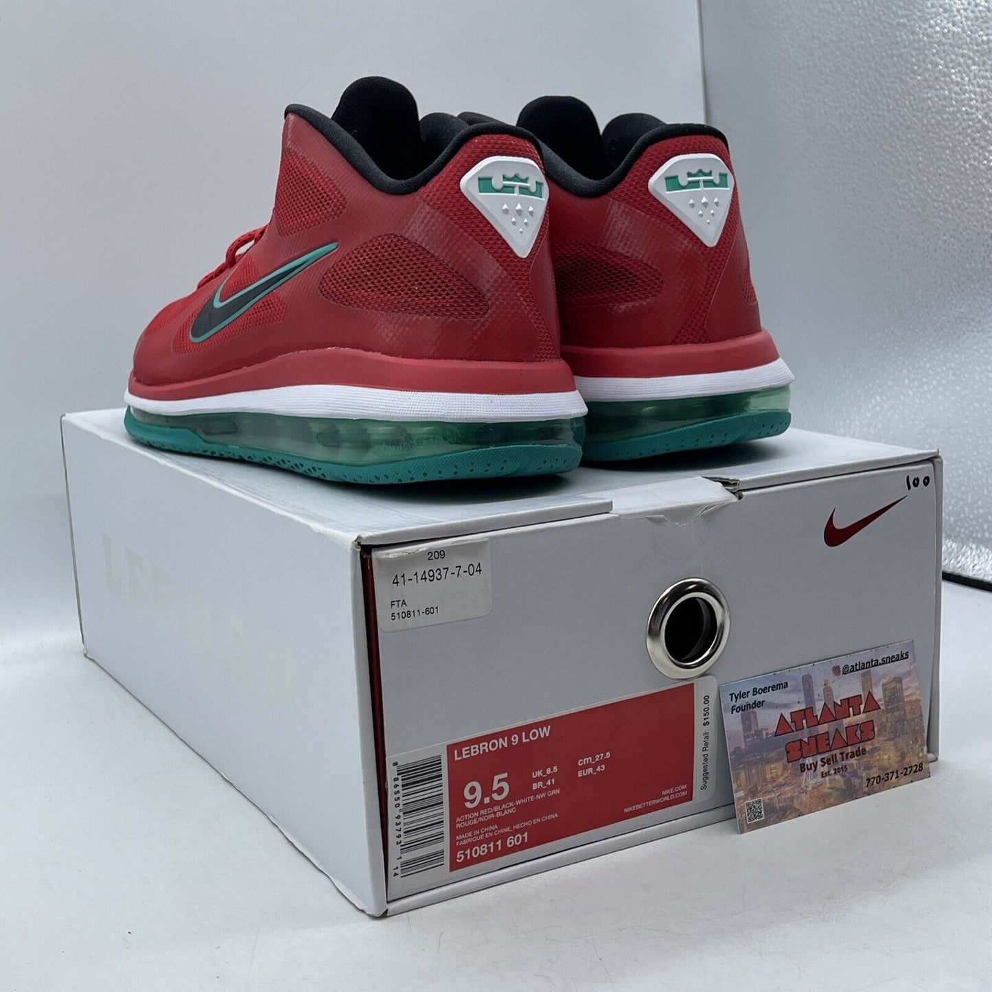 Size 9.5 - Nike LeBron 9 Low Liverpool red Green White Black (510811-601)