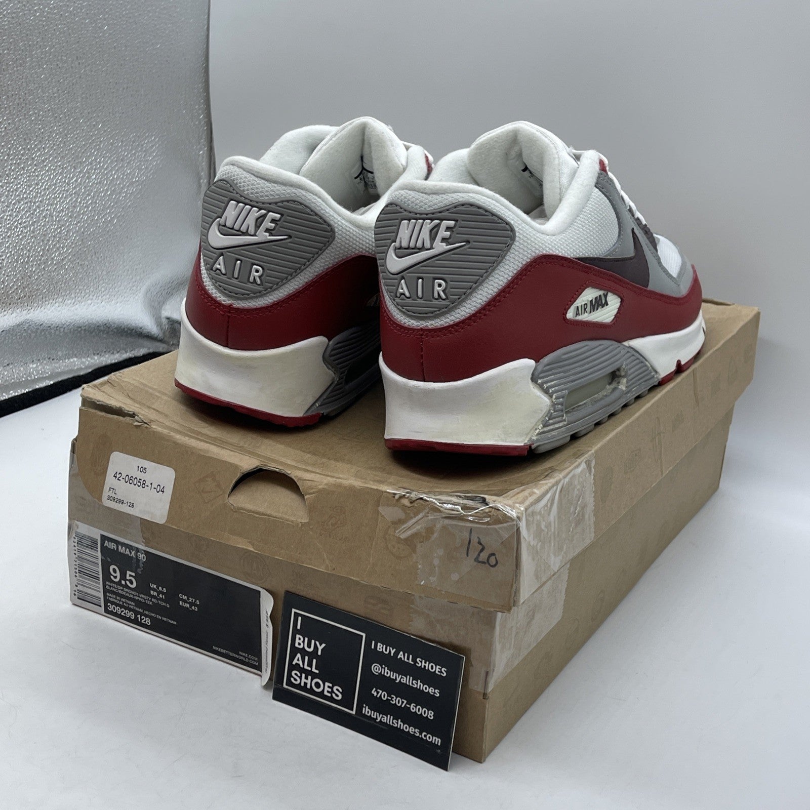 Size 9.5 - Nike Air Max 90 White Grey Red Leather Suede (309299-128)