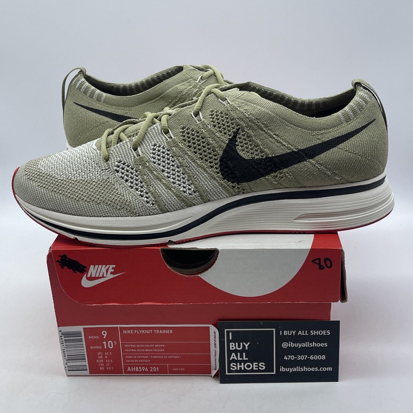 Size 9 - Nike Flyknit Trainer Neutral Olive Black White Suede (AH8396-201)