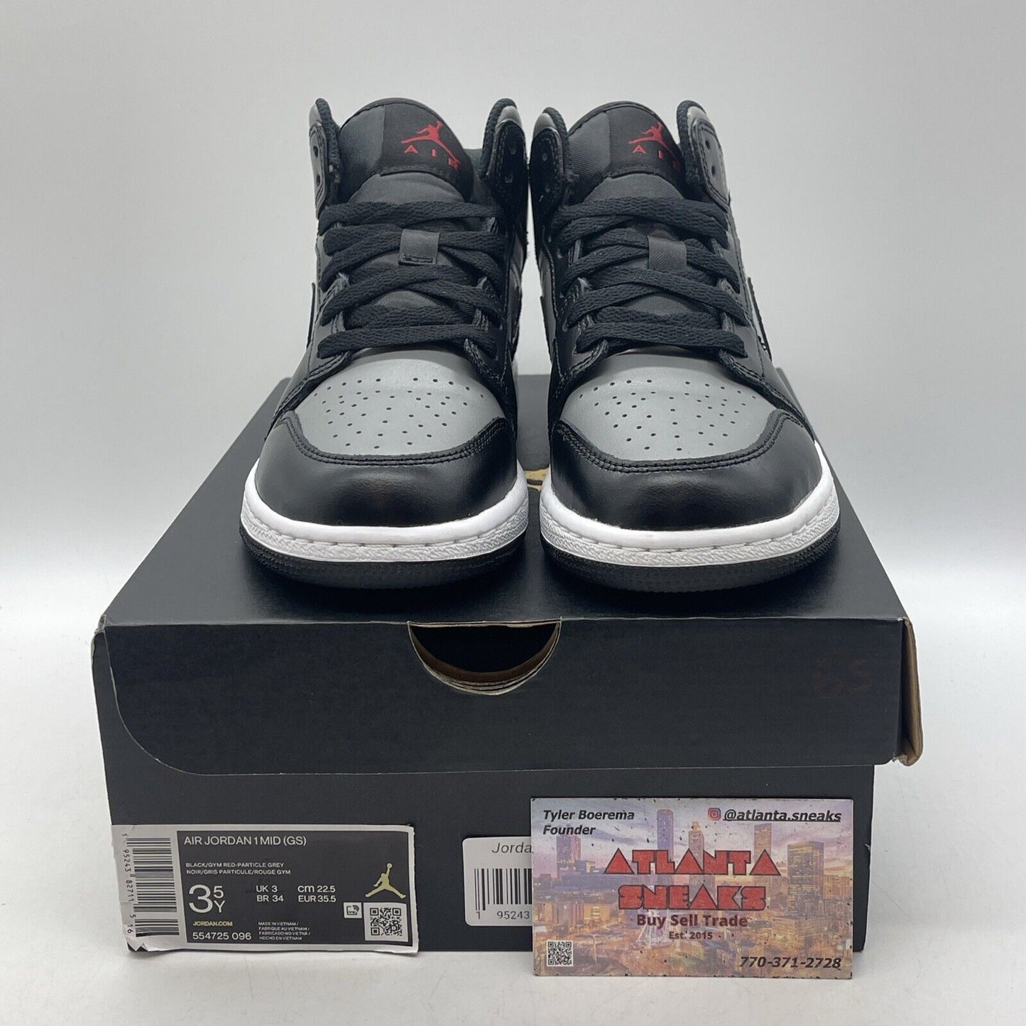 Size 3.5Y - Jordan 1 Mid Black Shadow Grey White Leather (554725-096)