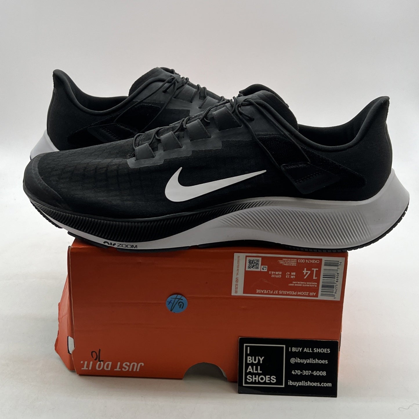 Size 14 - Nike Air Zoom Pegasus 37 FlyEase Black White (CK8474-003)