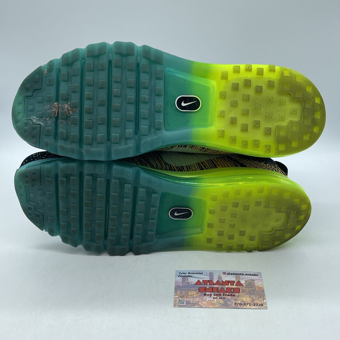 Size 11 - Nike Flyknit Max Black Blue Neon Yellow White Suede (620469-001)