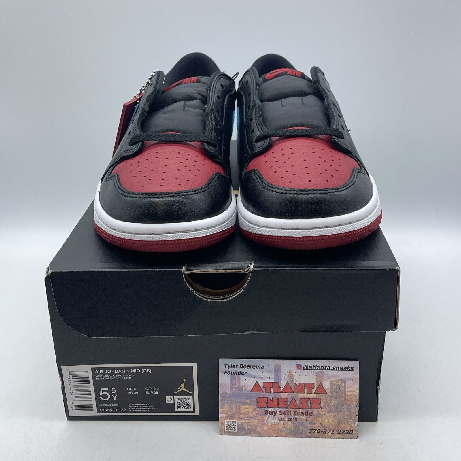 Size 5.5 (GS) - Air Jordan 1 Mid White Black Red Blue Leather (DQ8423-132)