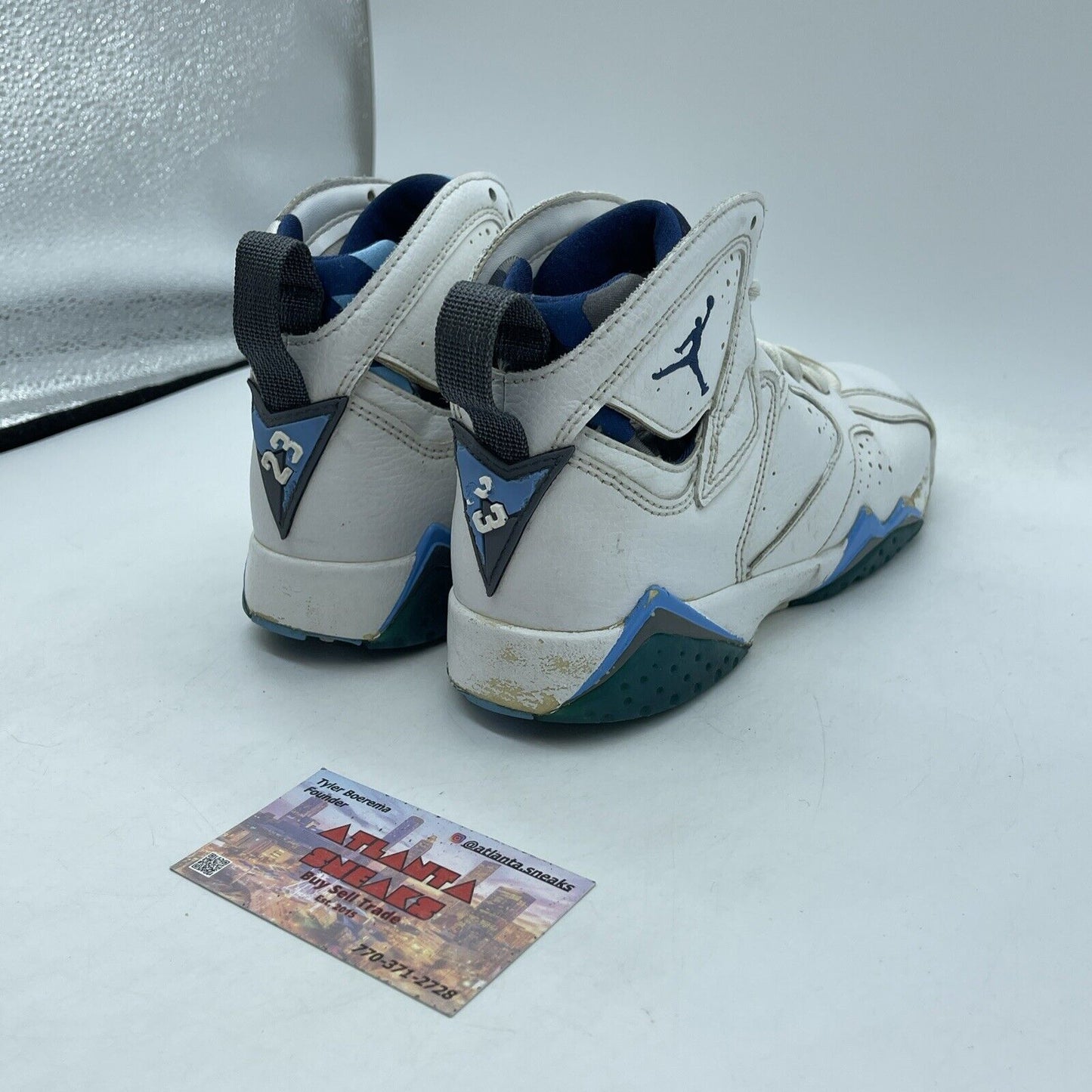 Size 4.5 (GS) - Jordan 7 Mid French Blue White Green Grey Leather (304774-107)