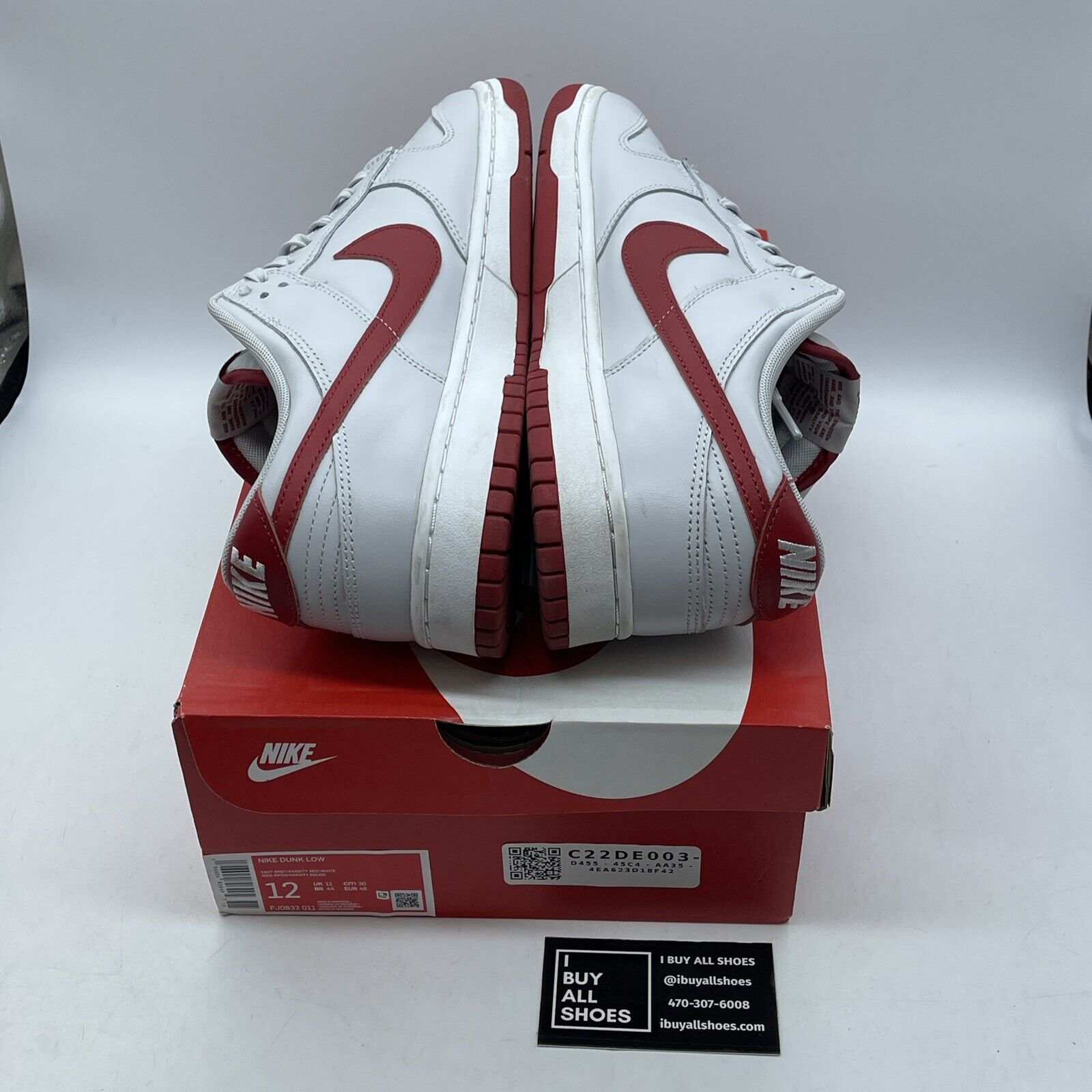 Size 12 - Dunk Low Vast Grey Varsity Red White Leather (FJ0832-011)