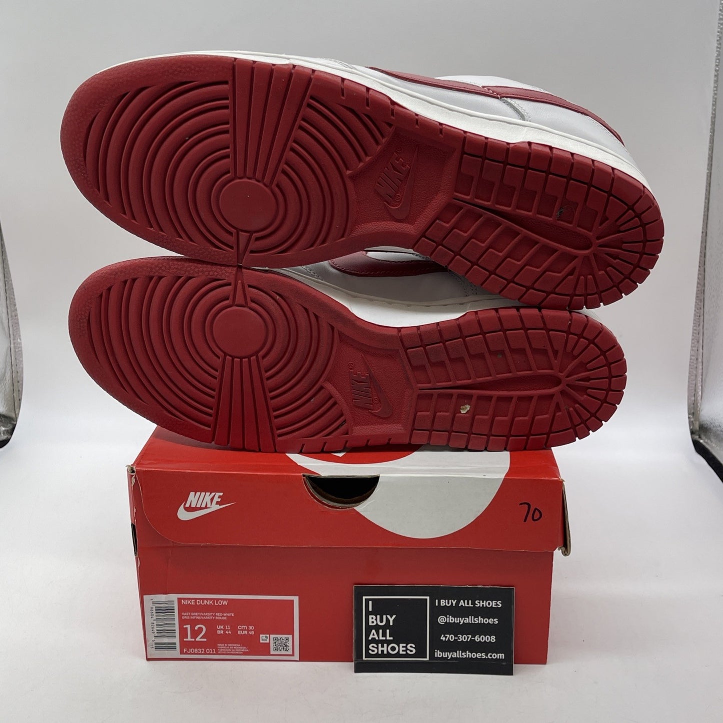 Size 12 - Dunk Low Vast Grey Varsity Red White Leather (FJ0832-011)