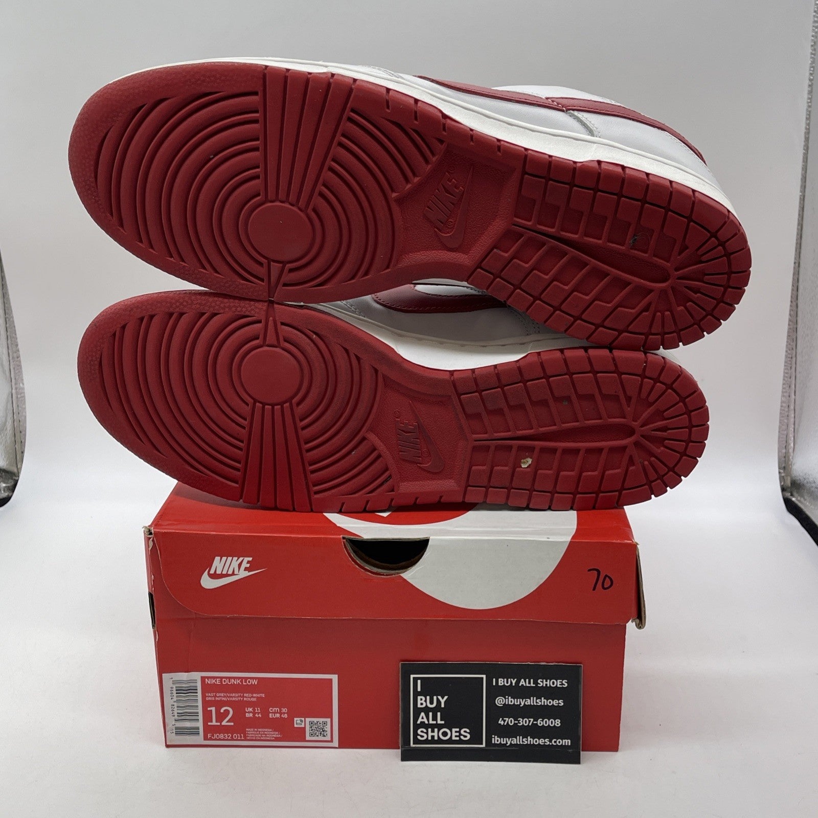 Size 12 - Dunk Low Vast Grey Varsity Red White Leather (FJ0832-011)