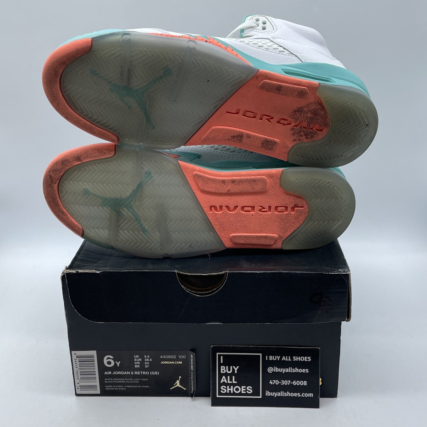 Size 6Y (GS) - Jordan 5 Retro Mid Light Aqua White Leather (440892-100)