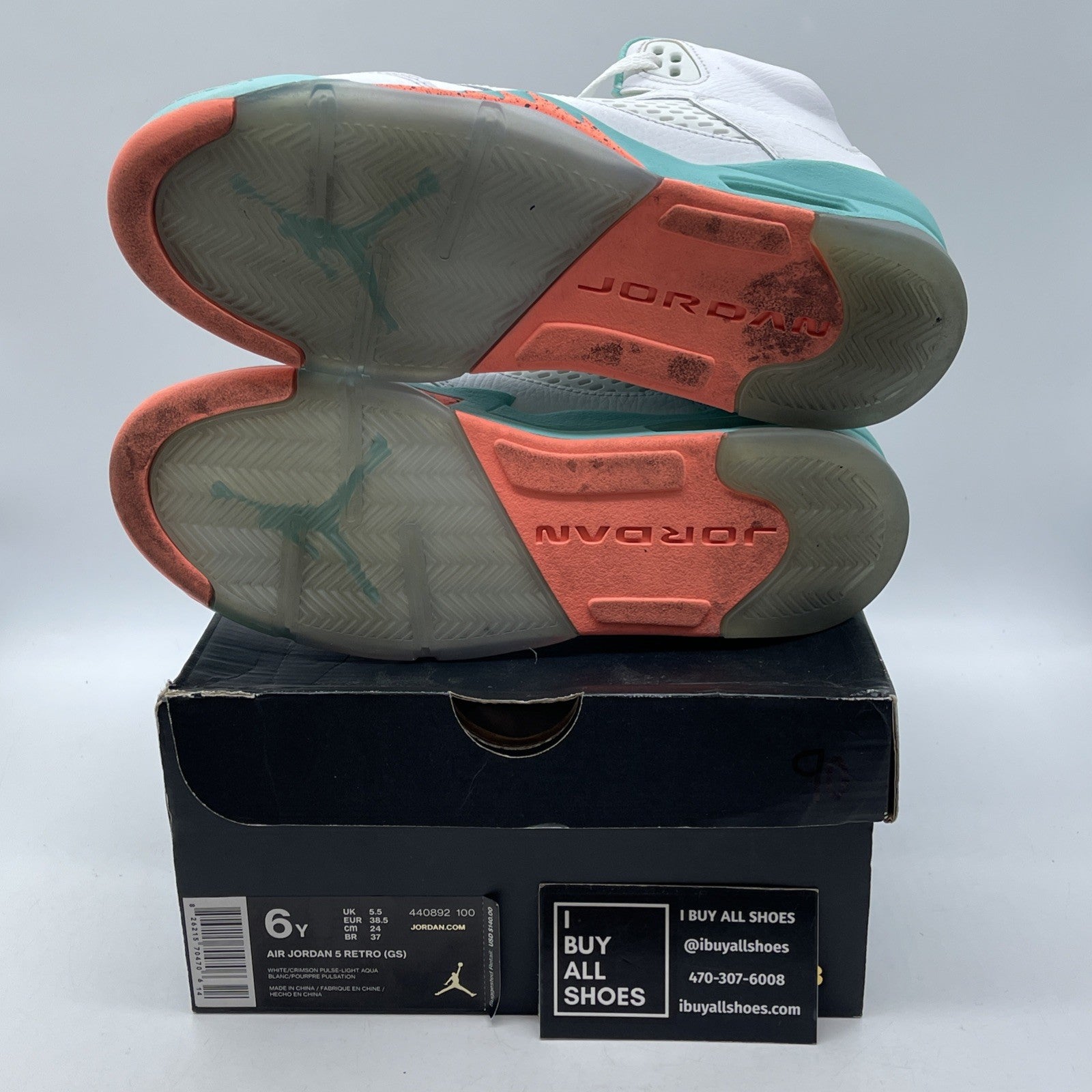 Size 6Y (GS) - Jordan 5 Retro Mid Light Aqua White Leather (440892-100)