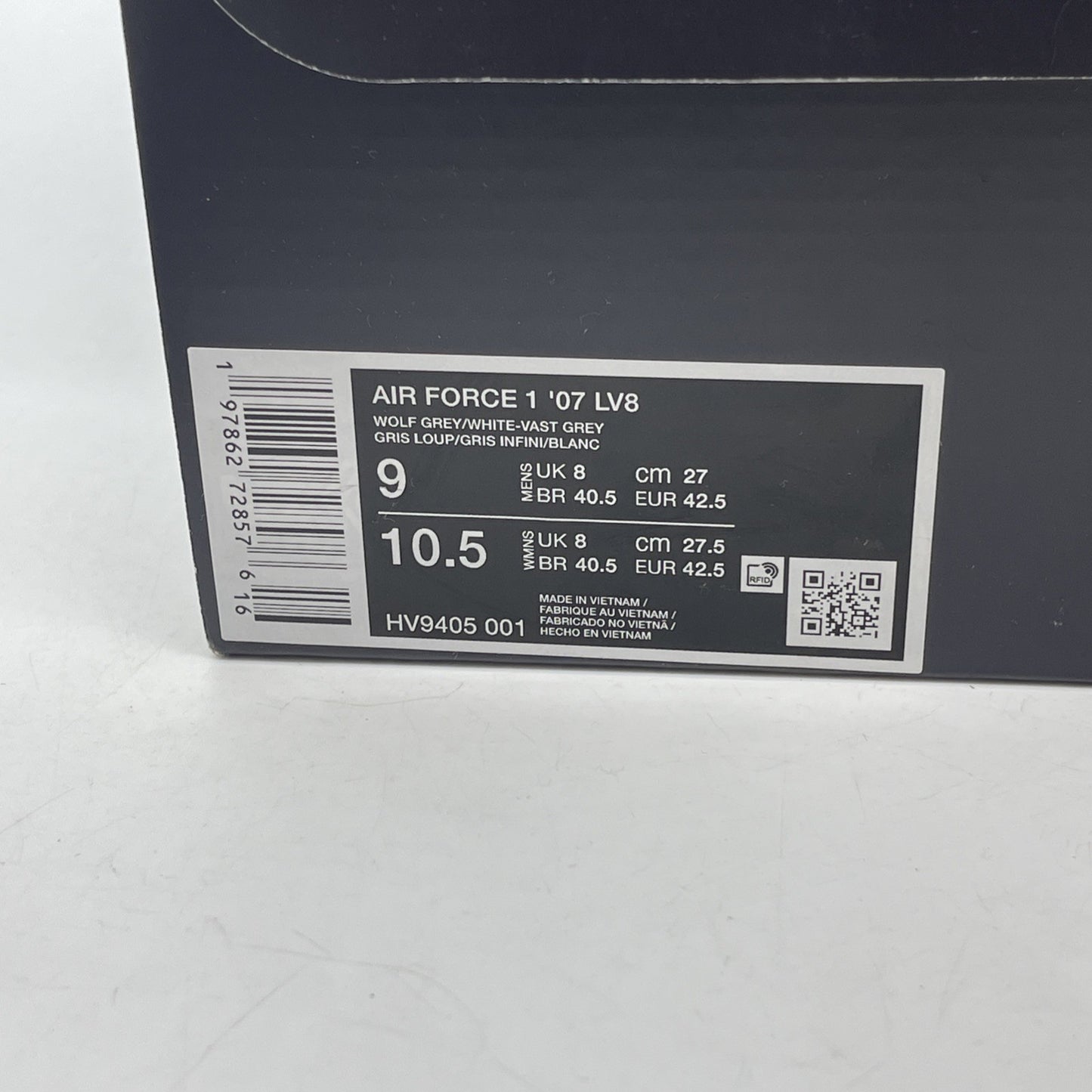 Size 9 - Nike Air Force 1 '07 LV8 Wolf Grey Patent White Leather (HV9405-001)