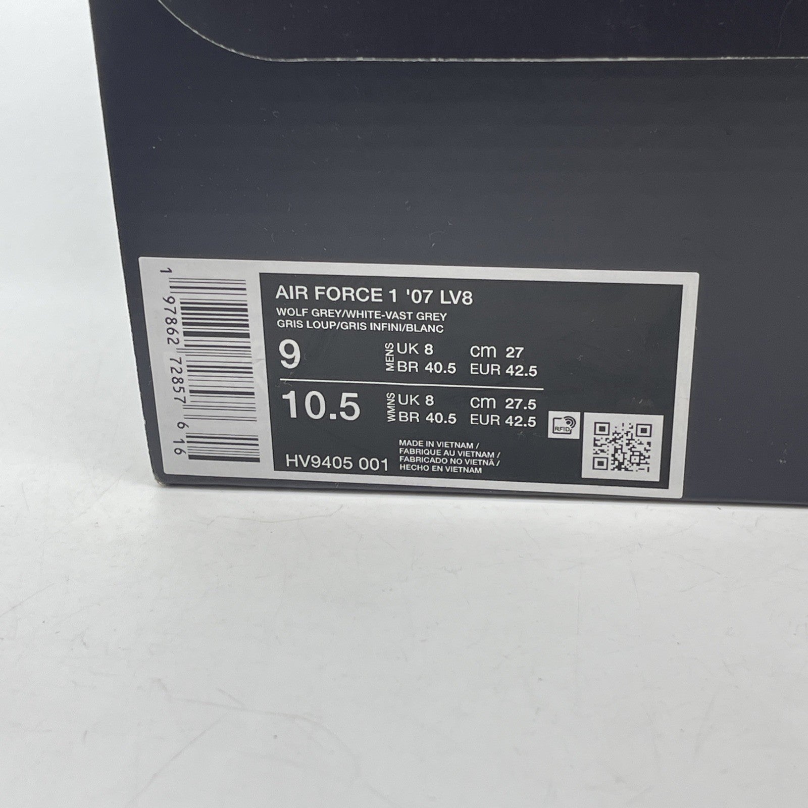 Size 9 - Nike Air Force 1 '07 LV8 Wolf Grey Patent White Leather (HV9405-001)