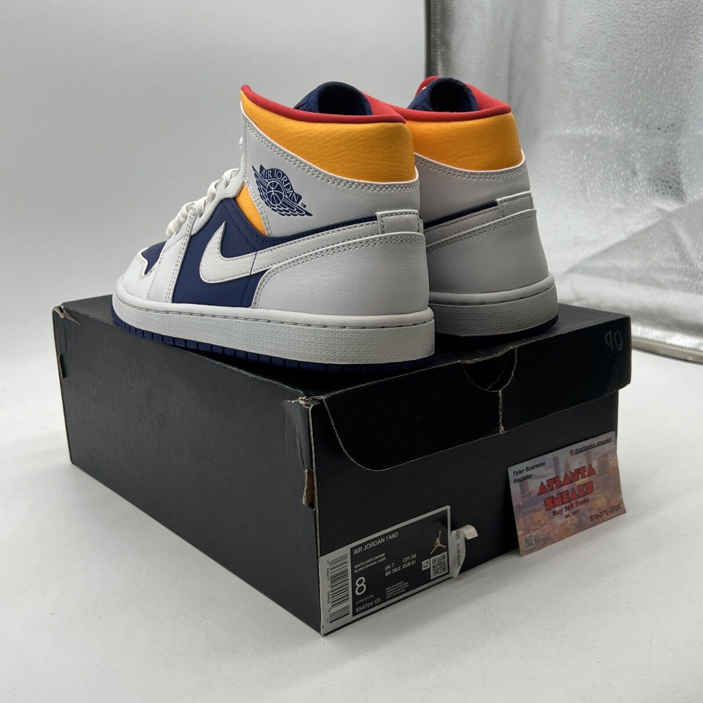 Size 8 - Air Jordan 1 Mid White Deep Royal Blue Leather Yellow (554724-131)