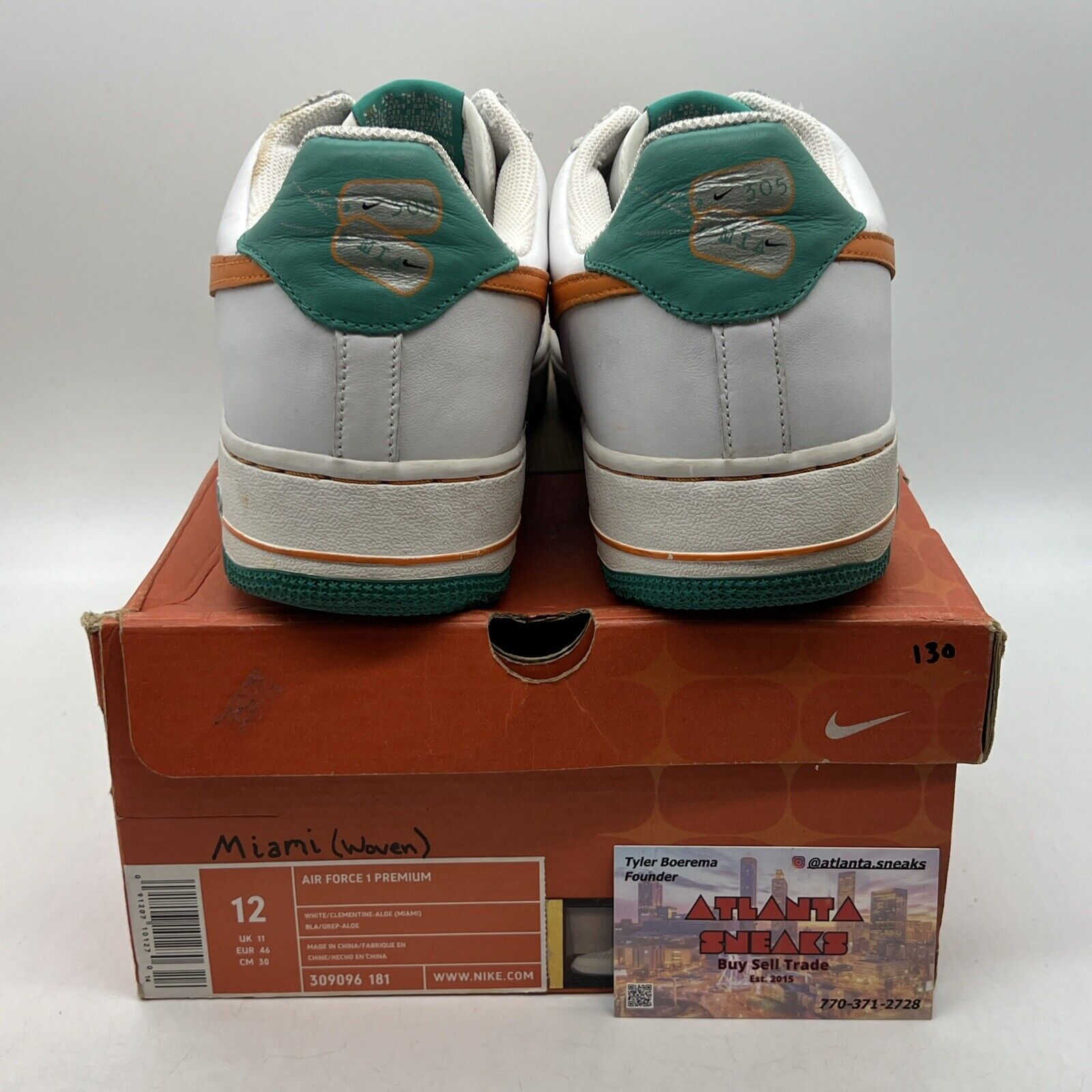 Size 12 - Nike Air Force 1 Premium Miami White Orange Aqua Leather (309096-181)