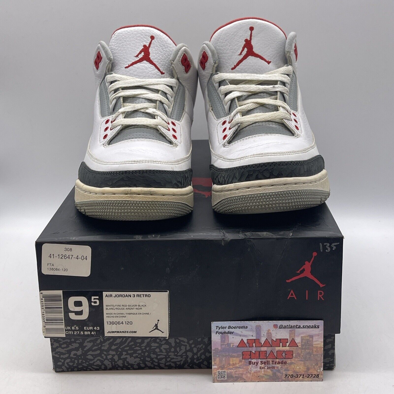 Size 9.5 - Air Jordan 3 Retro Fire Red White Leather Grey Suede (136064-120)