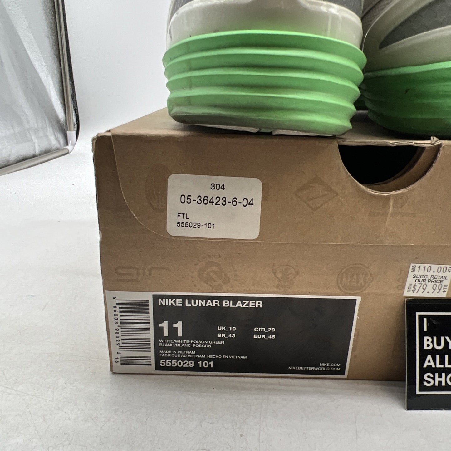 Size 11 - Nike Lunar Blazer White Poison Green (555029-101)