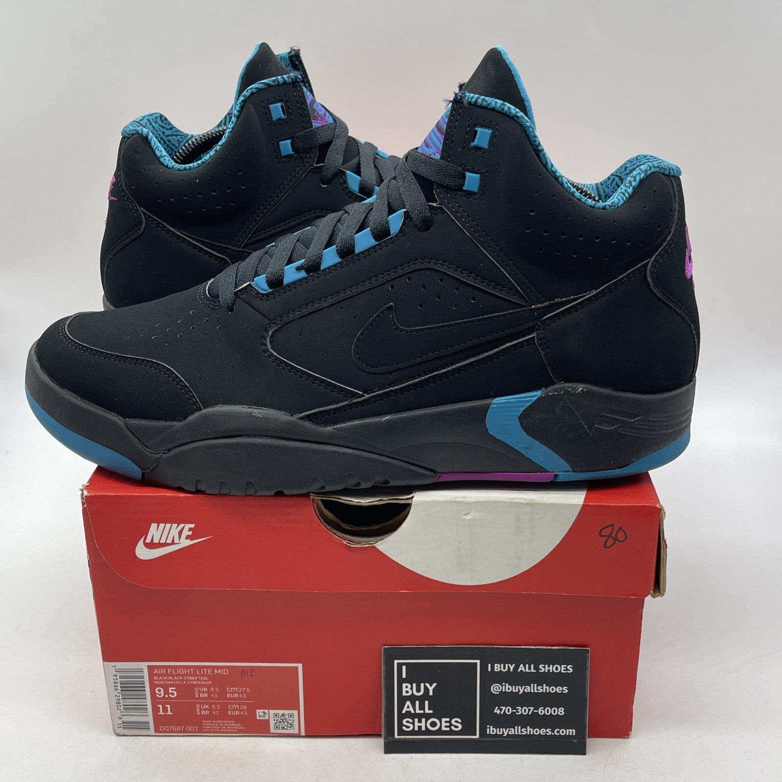 Size 9.5 - Nike Air Flight Lite Mid Black Cyber Teal (DQ7687-002)