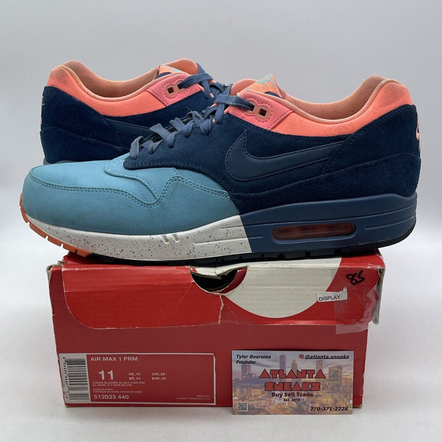 Size 11 - Nike Air Max 1 Prm Gamma Blue Atomic Pink Suede White (512033-440)