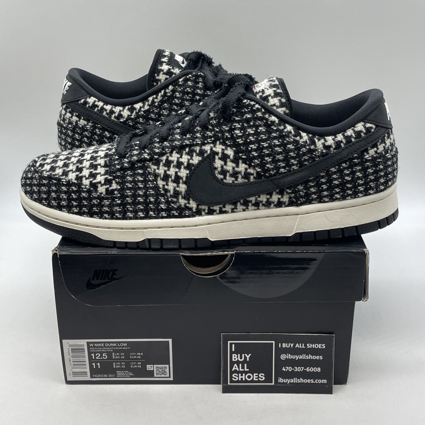 Size 12.5W - Harris Tweed x Nike Dunk Low Black Phantom  (HQ5036-901)