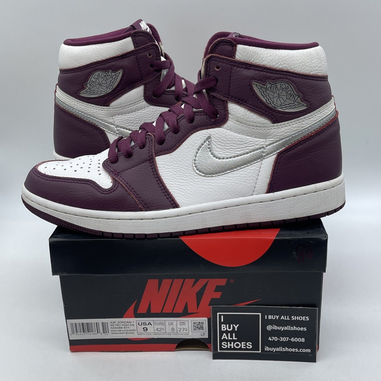 Size 9 - Jordan 1 Retro High OG Bordeaux Silver White Leather (555088-611)