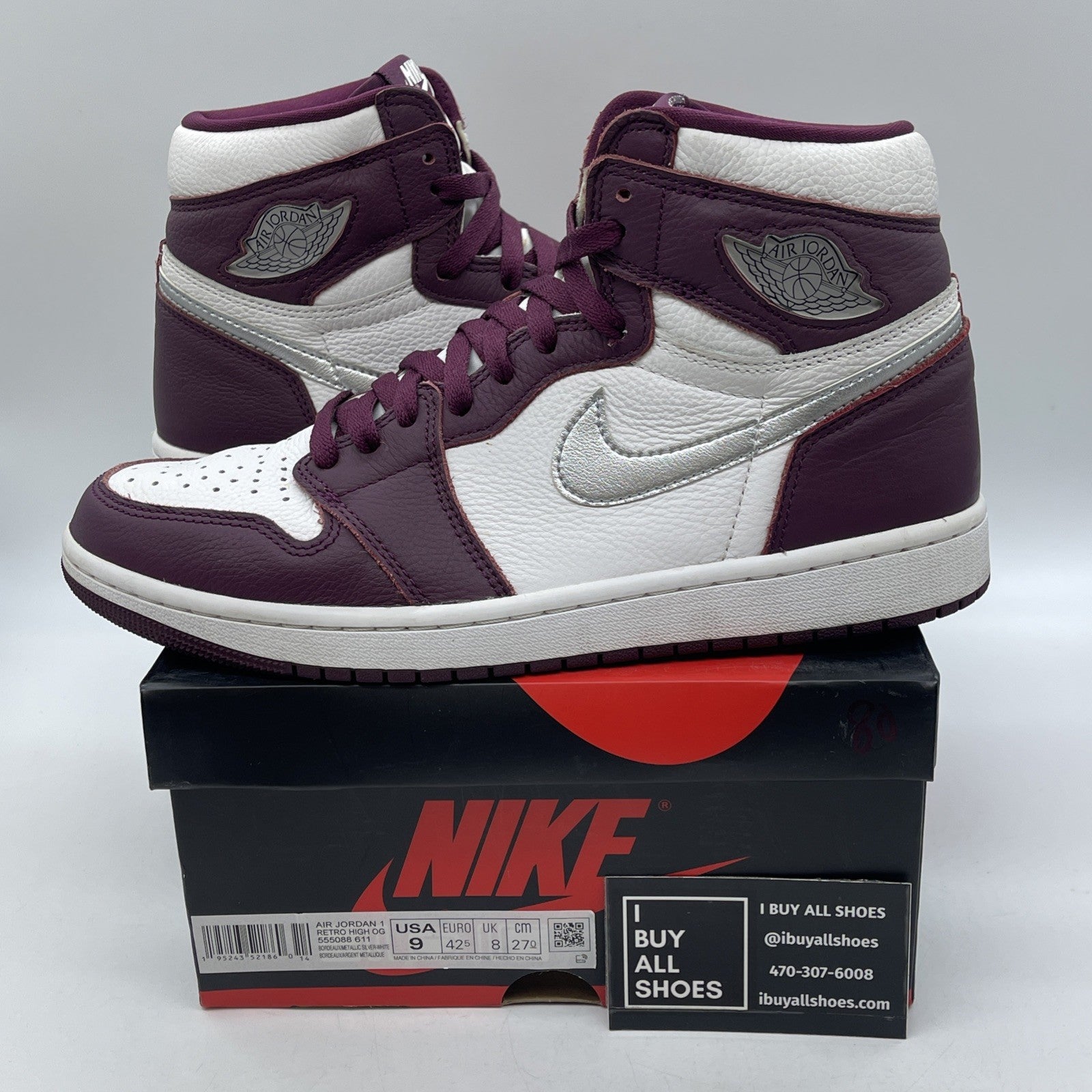 Size 9 - Jordan 1 Retro High OG Bordeaux Silver White Leather (555088-611)