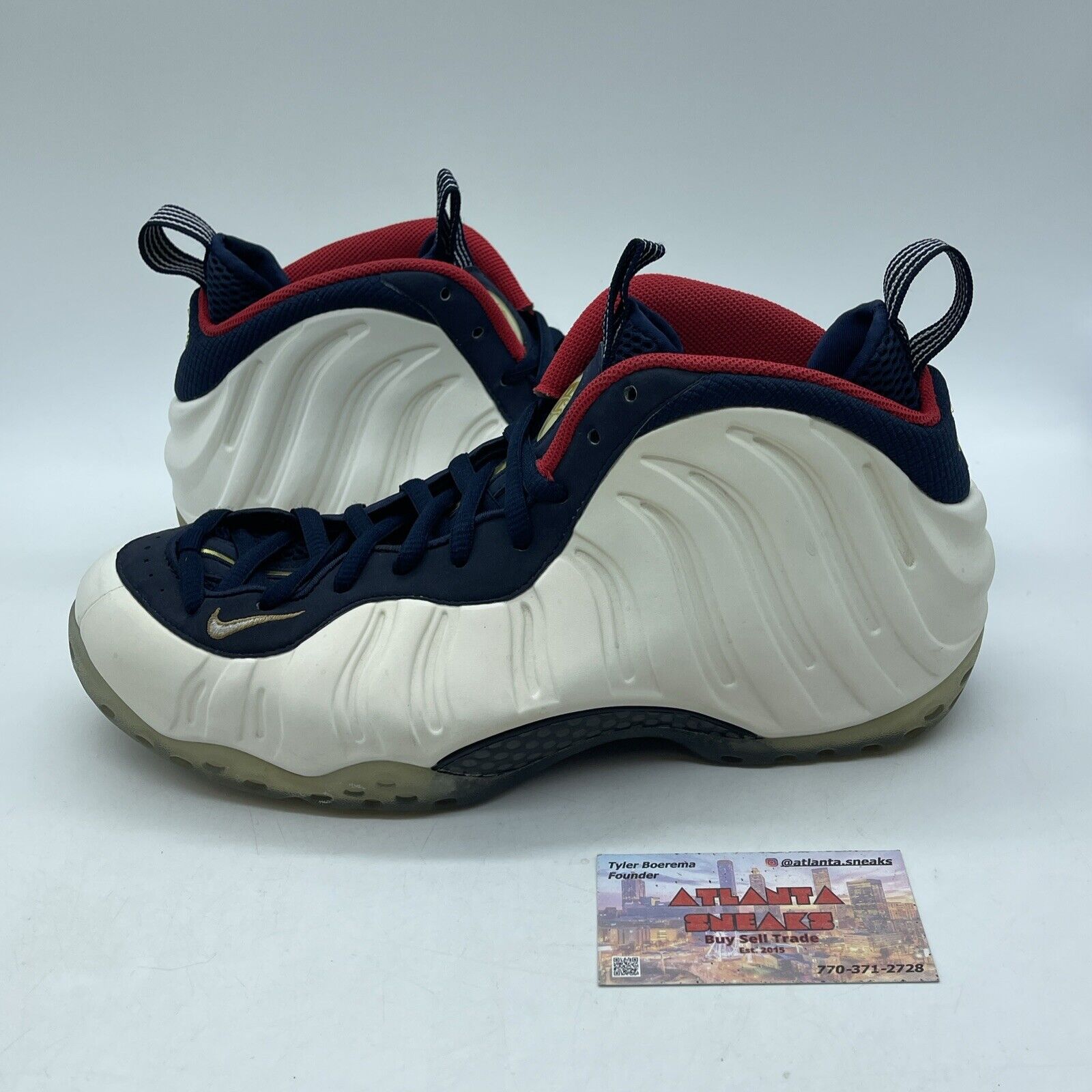 Size 10.5 - Nike Air Foamposite One PRM Olympic White Blue Leather (575420-400)