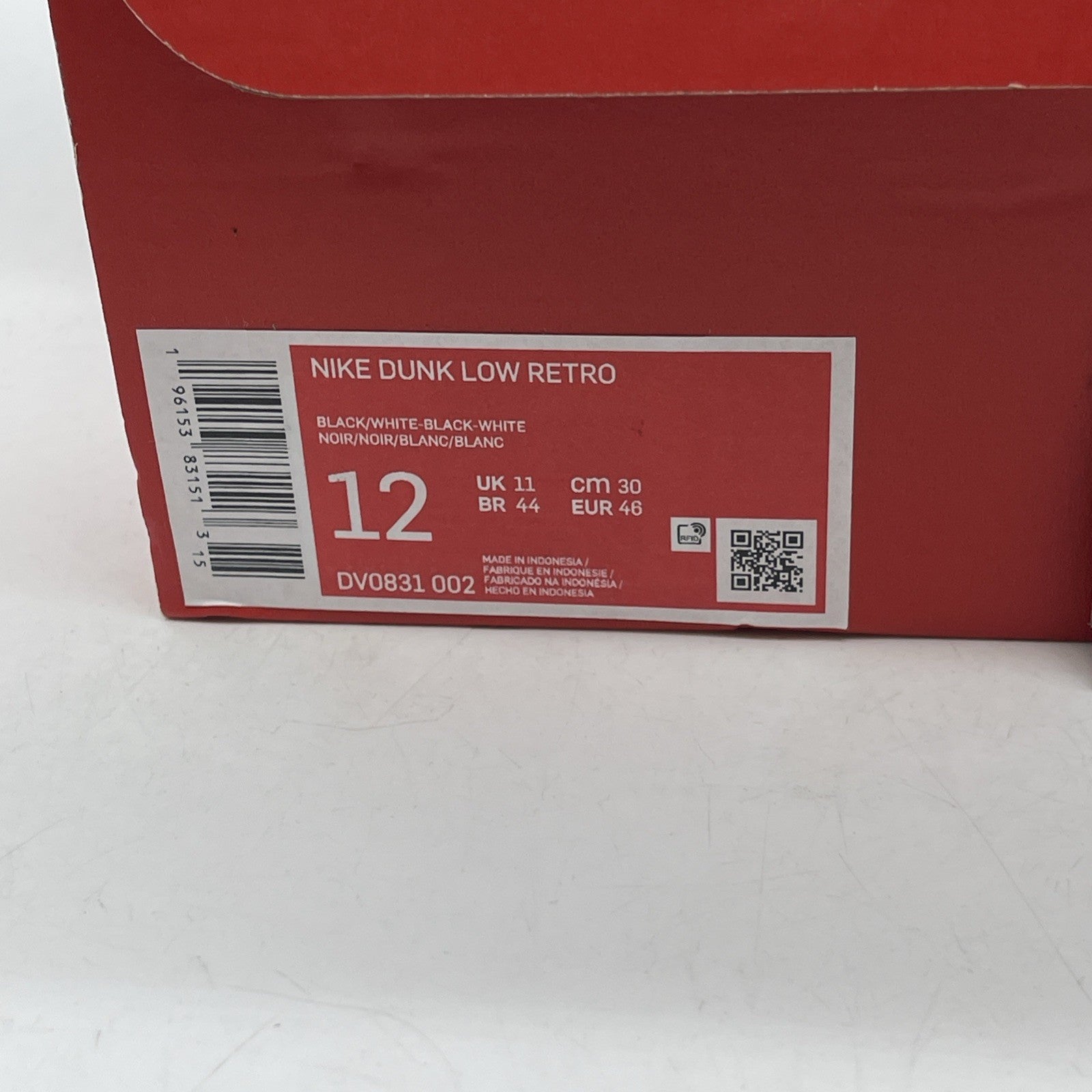 Size 12 - Nike Dunk Low Black Panda 2.0 White Leather (DV0831-002)