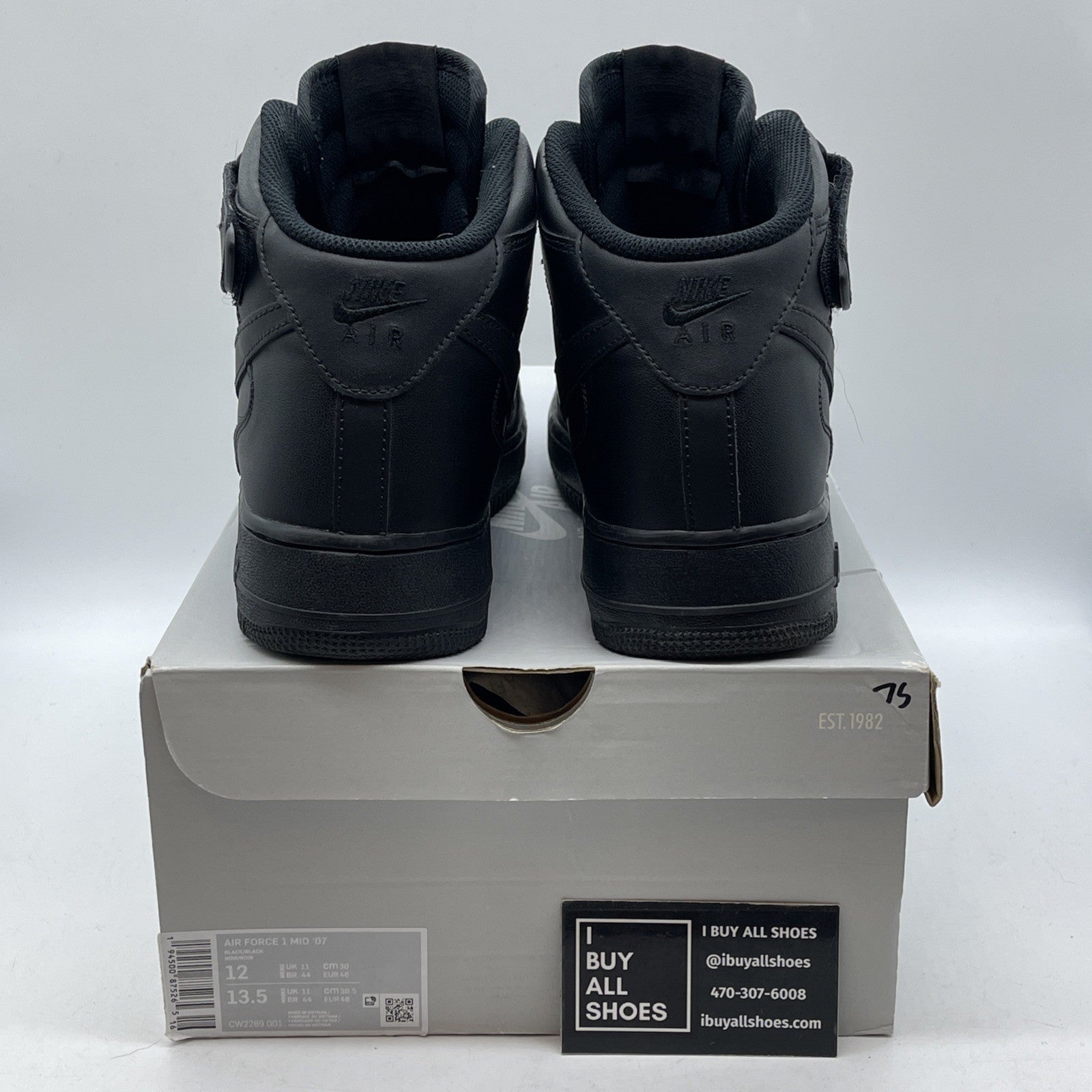 Size 12 - Nike Air Force 1 '07 Mid Triple Black Leather (CW2289-001)