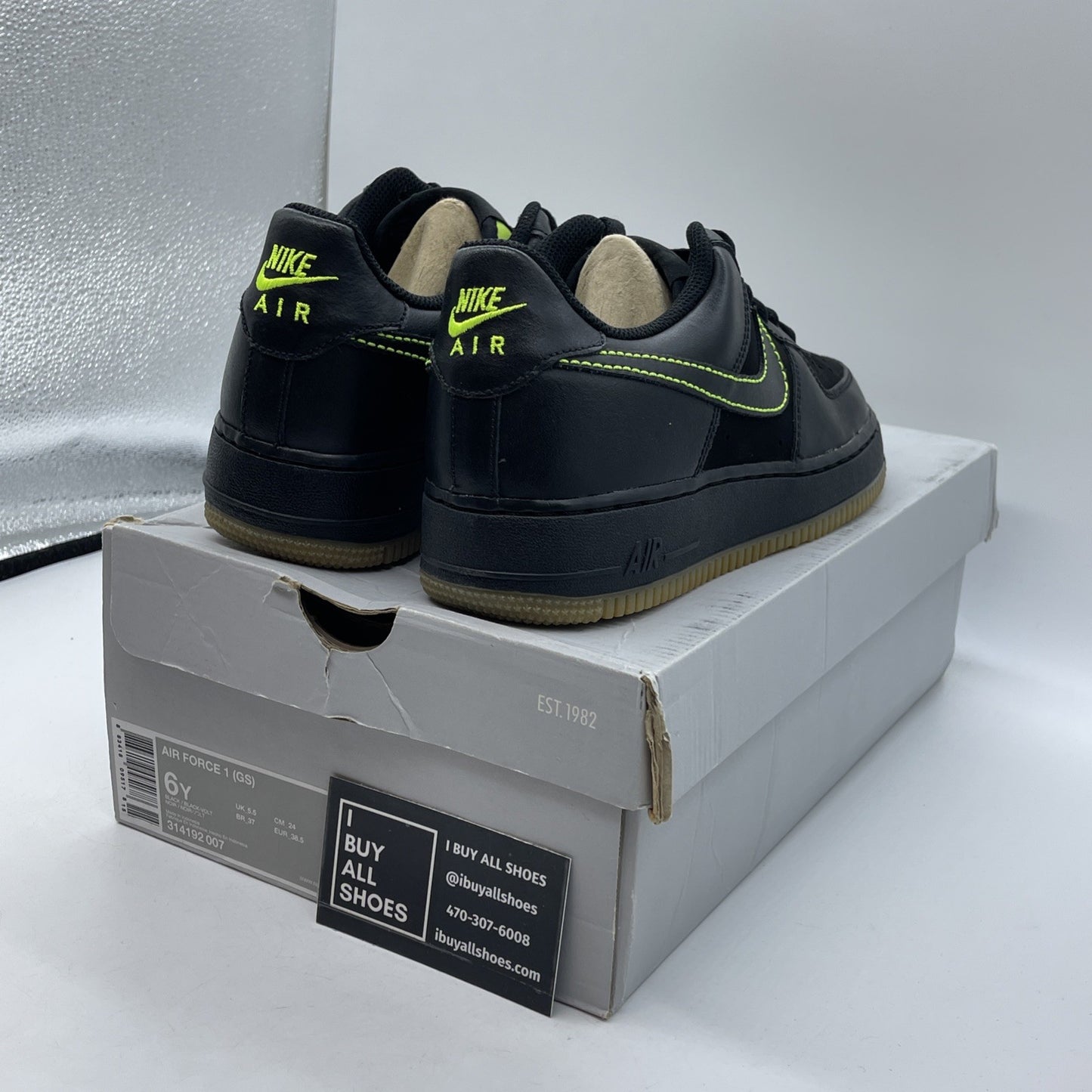 Size 6Y - Nike Air Force 1 Black Volt GS Kids Sneakers Neon Green (314192-007)