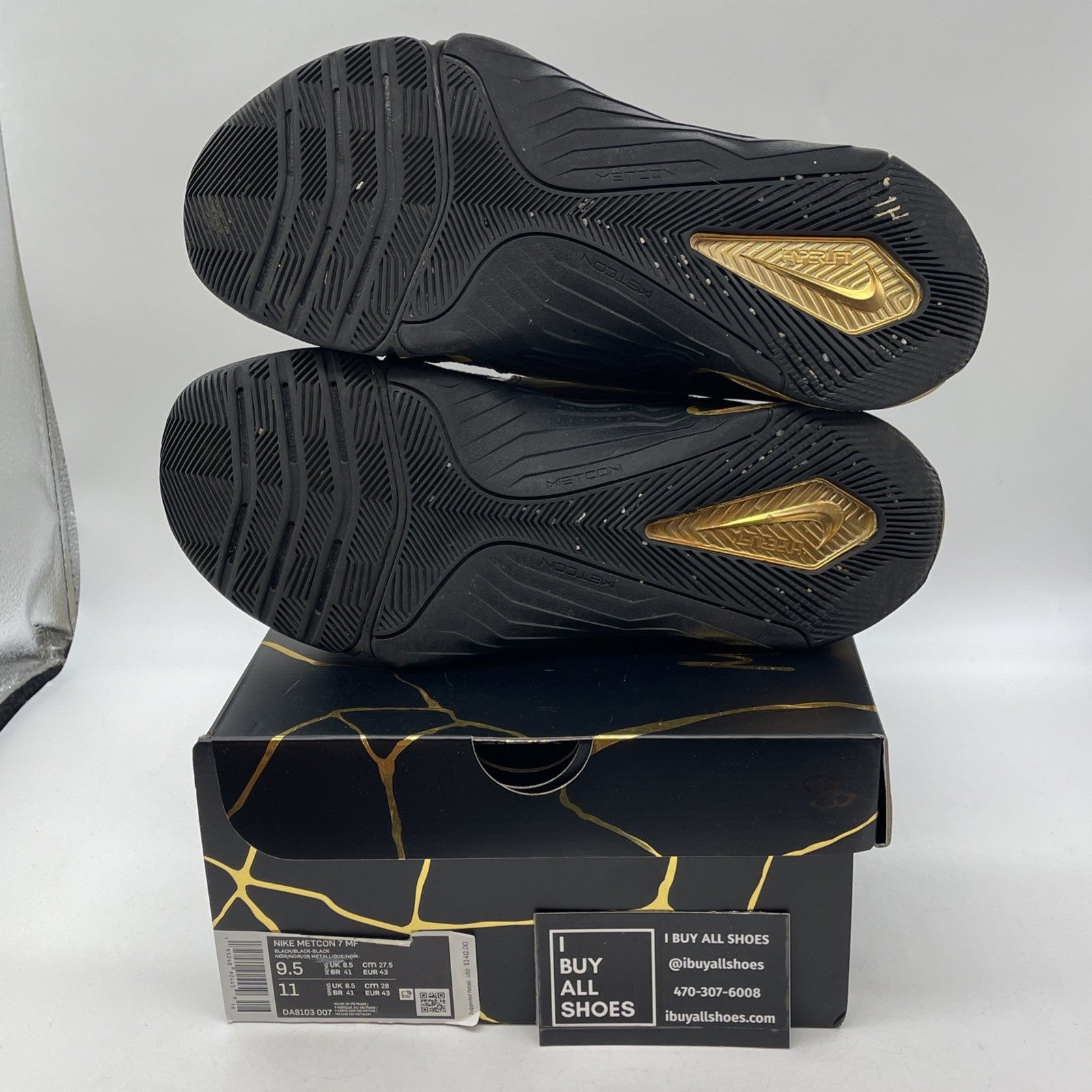 Size 9.5 - Nike Metcon 7 PE Mat Fraser Black Gold Suede Leather (DA8103-007)