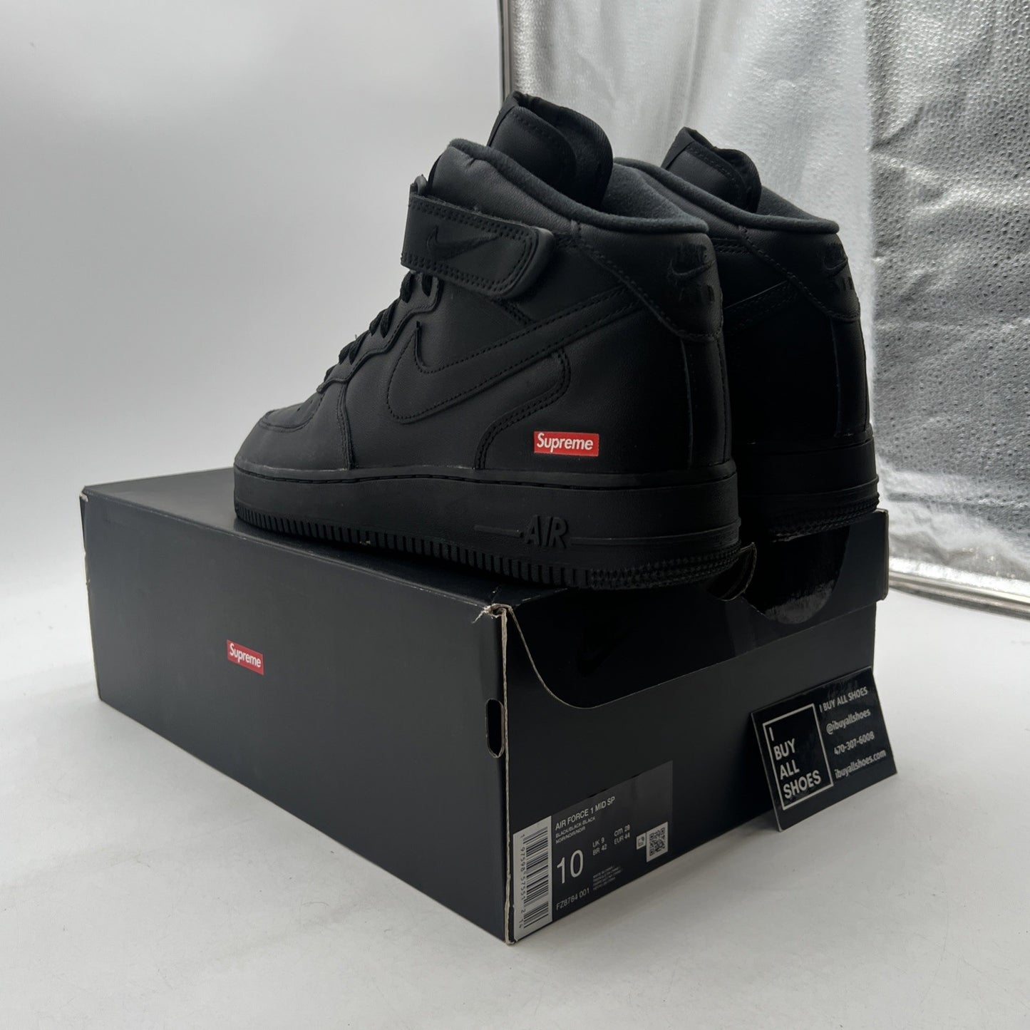 Size 10 - Nike Supreme x Air Force 1 Mid Box Logo - Triple Black (FZ8784-001)