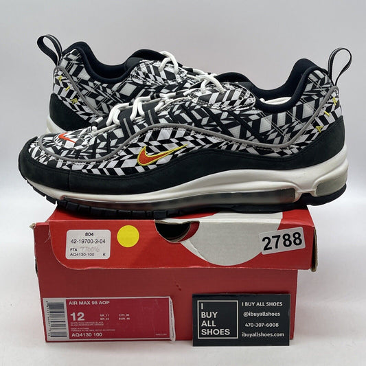Size 12 - Nike Air Max 98 All Over Print Black White Suede Leather (AQ4130-100(