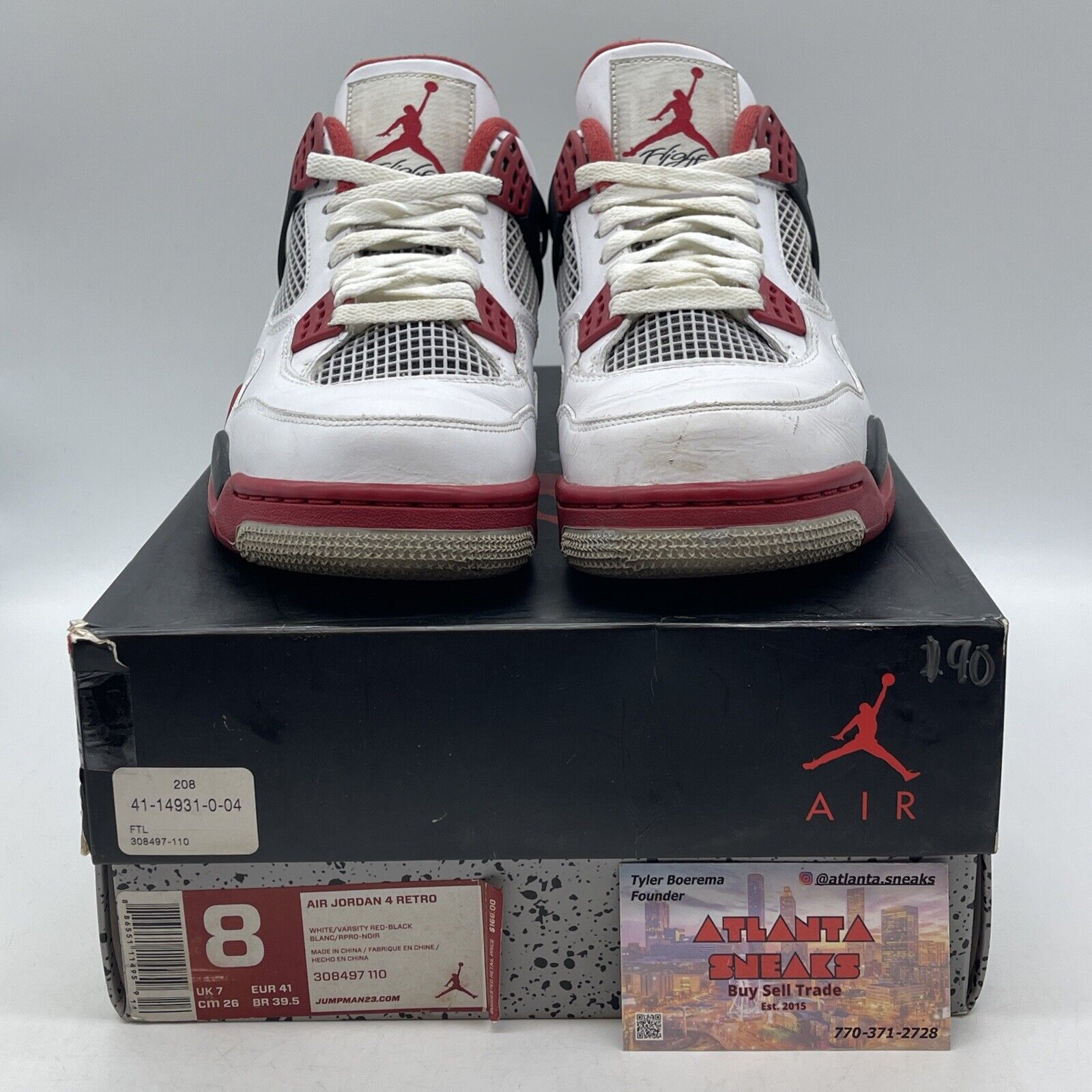 Size 8 - Jordan 4 Retro Fire Red 2012 Black White Leather (308497-110)