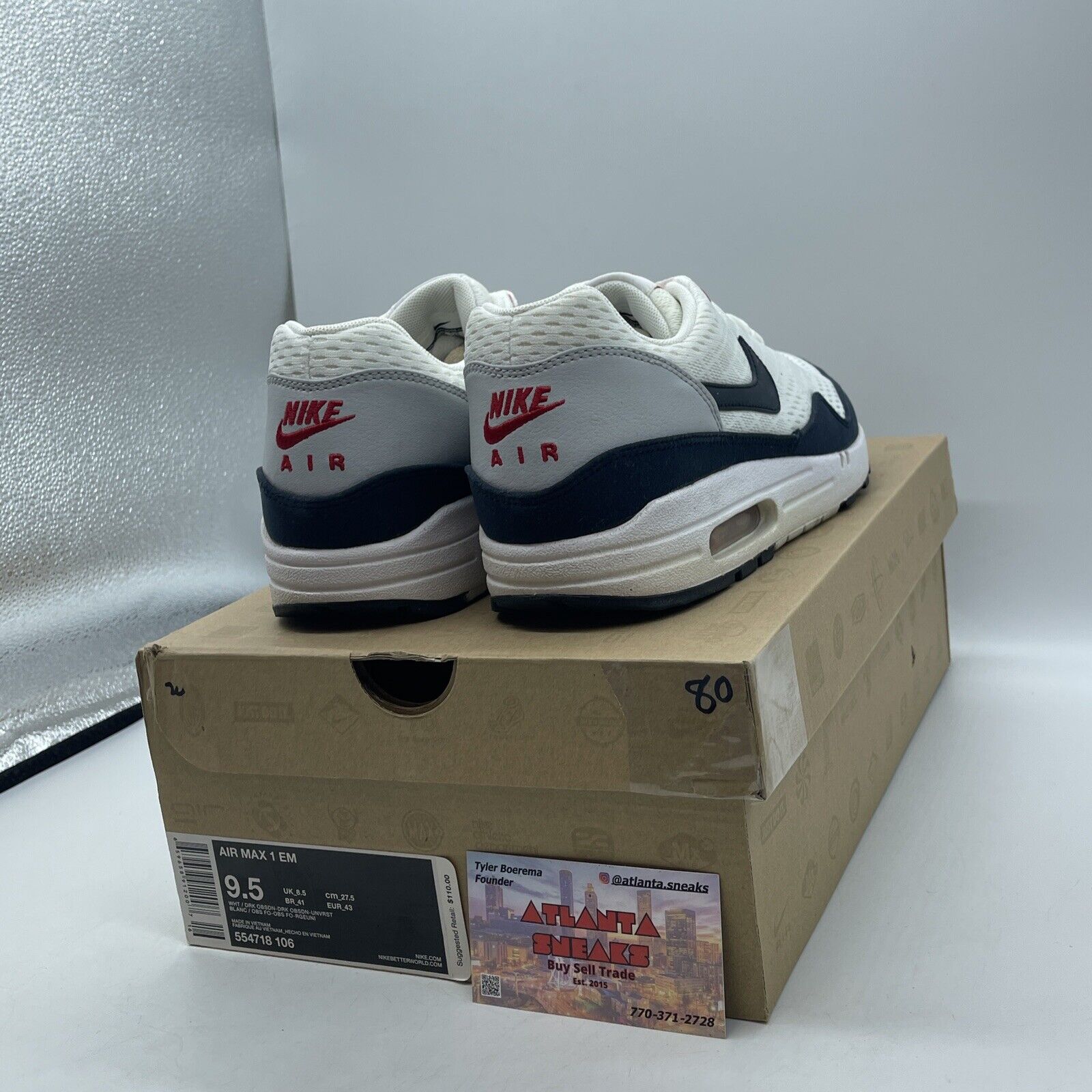 Size 9.5 - Nike Air Max 1 EM 'Dark Obsidian White Blue Grey Suede (554718-106)